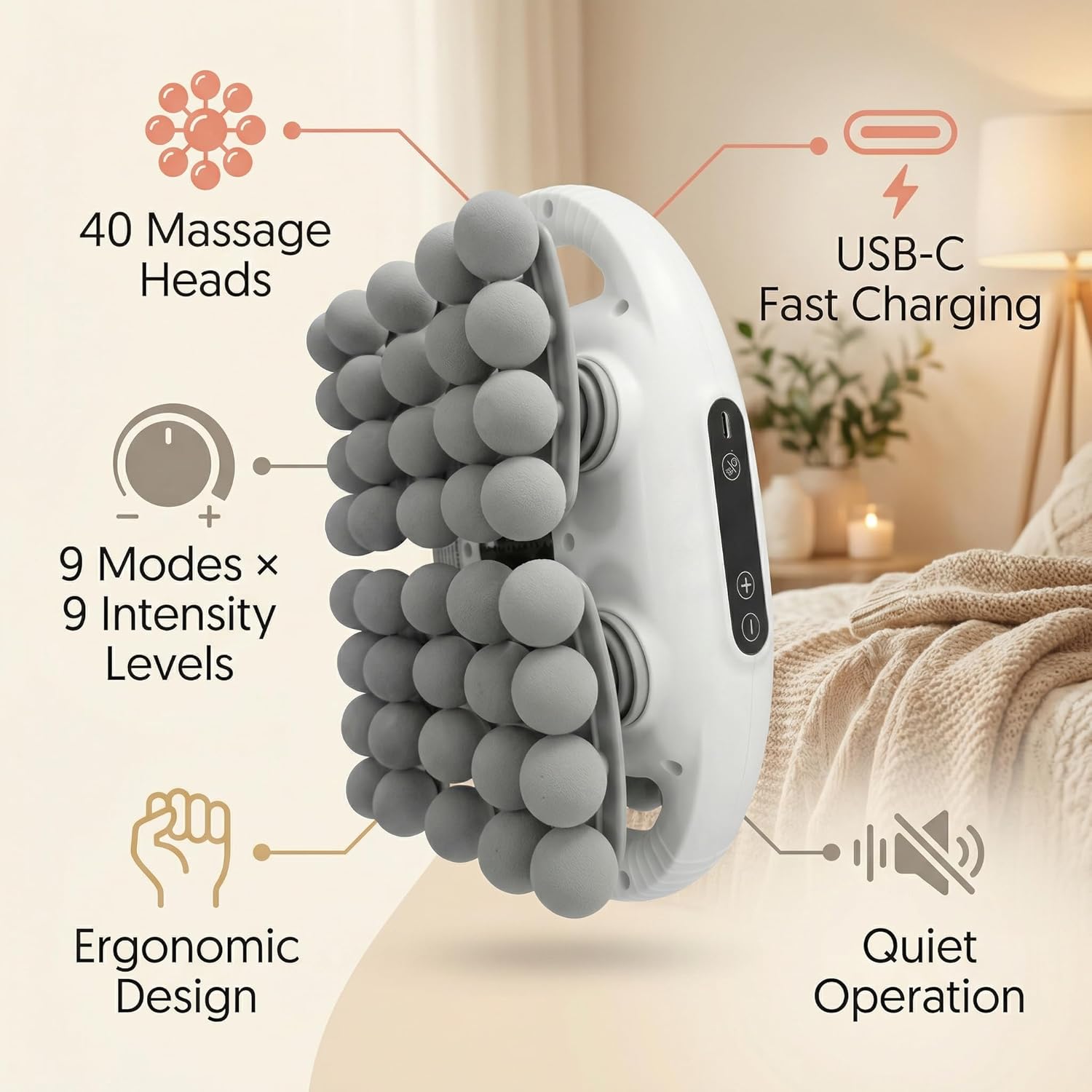 Massage Gun for Pain Relief, 40 Head Deep Tissue Percussion Massager with 9 Modes & 9 Intensity Levels, Electric Muscle Massager for Back, Neck, Shoulders, Legs & Glutes, Portable for Home & Office