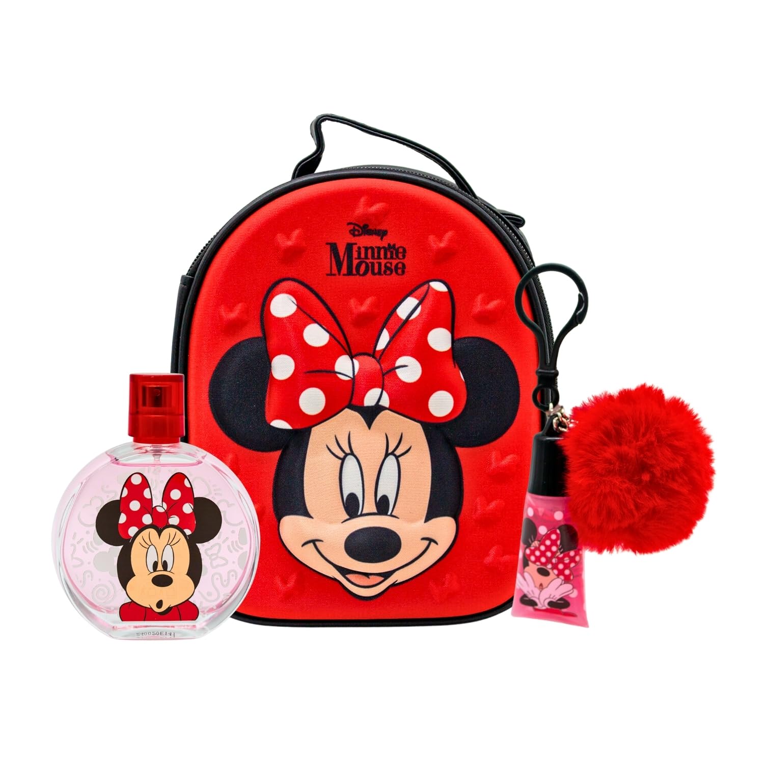 Disney Minnie Mouse Perfume Gift Set for Kids, Natural EDT Perfume Spray 100ml, 3D Zip Case & Lip Gloss with Pompom Charm, Vegan & Dermatologically Tested, Best Gift for Occasions & Daily Use