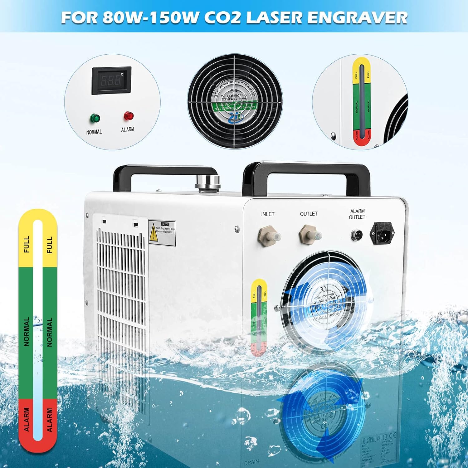Monport 6L Industrial Water Chiller CW-5200 0.9hp 2.6Gal/min Water Cooling System for 50W-150W CO2 Laser Engraver＆Cutter Machine