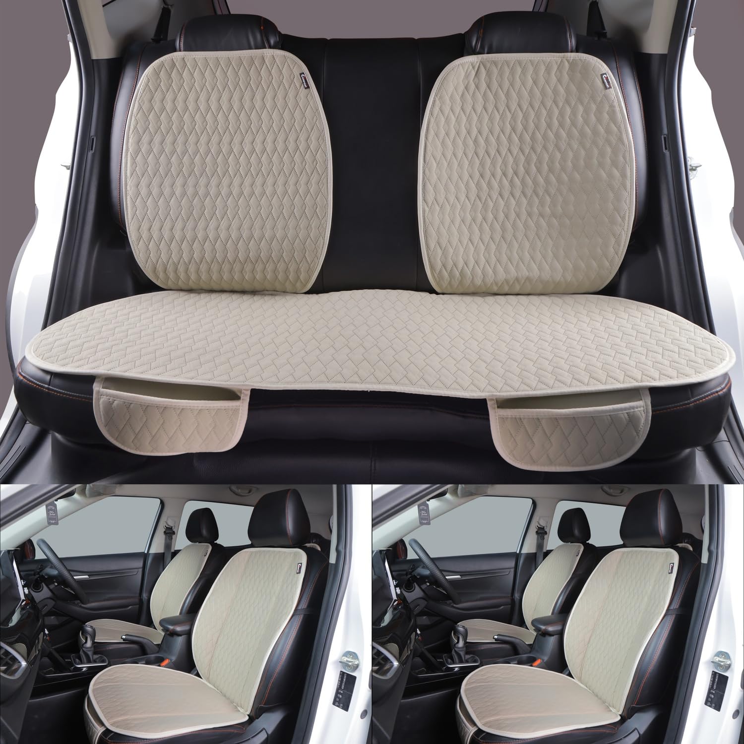 AIRCOMFORT Polycotton Car Seat Cover Protector Back Rest Support Car Seat Mat Set Front And Back Cushion Sheet Non- Slip Interior Seats Cover- Fit For Most Cars(Beige) (7 Piece'S Set)