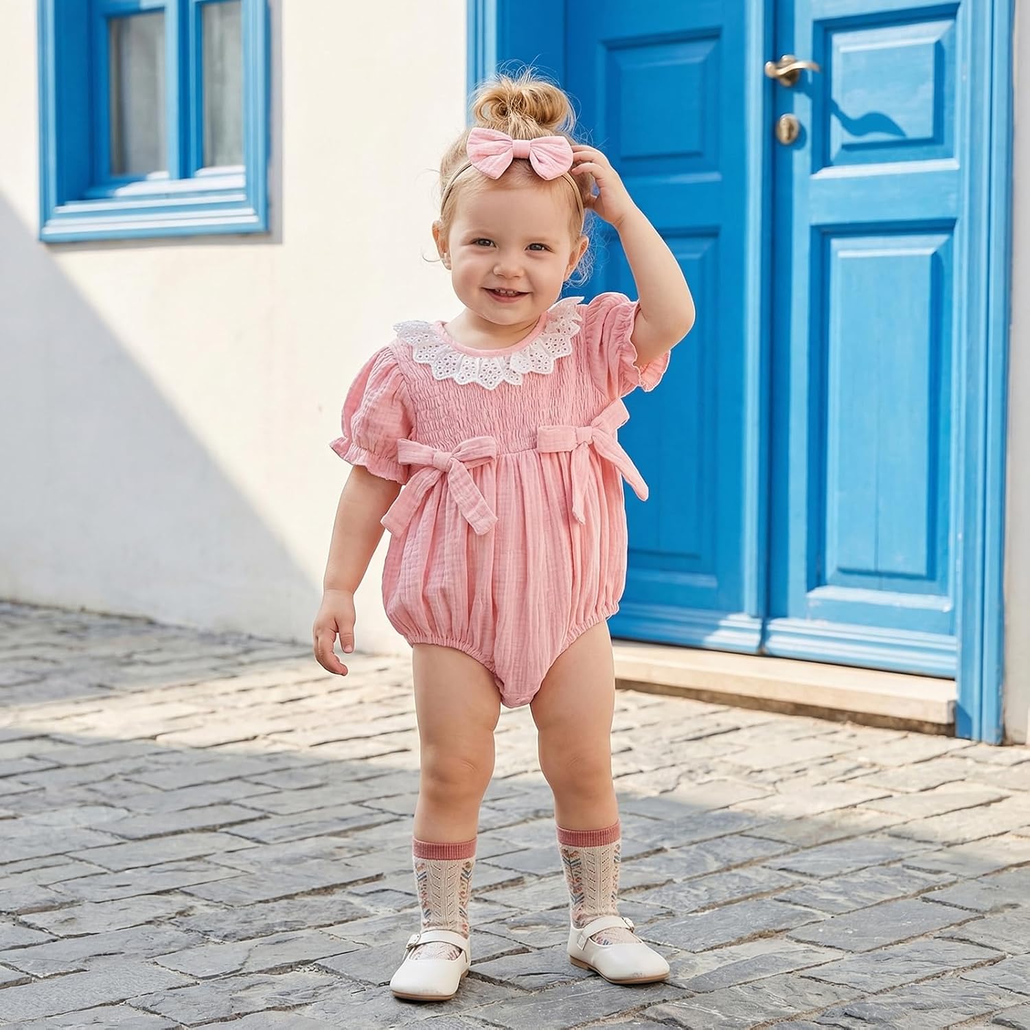 Newborn Infant Baby Girl Summer Outfit Muslin Short Sleeve Smocked Bubble Romper Lace Ruffle Bodysuit Jumpsuit