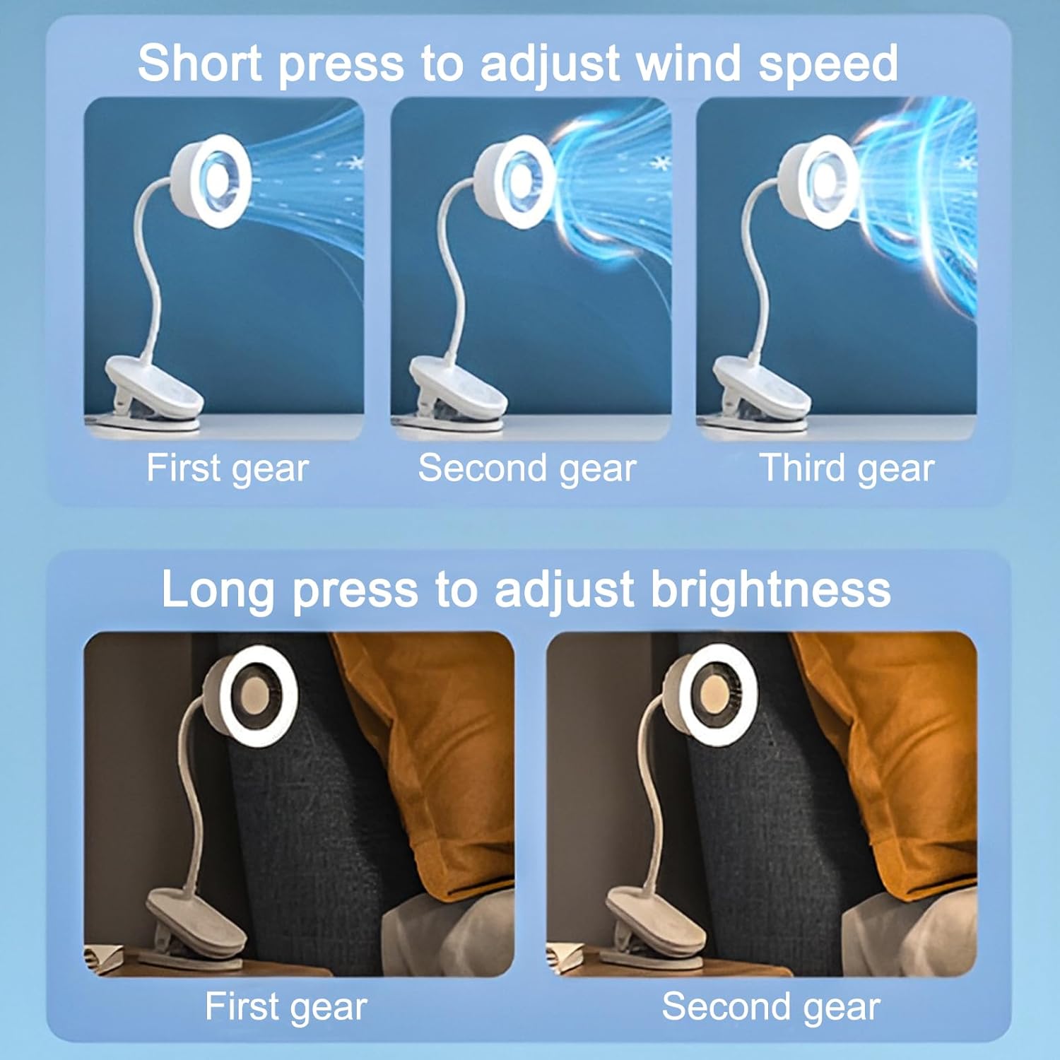 JINGYAN Clip Fan with Light, 3-Speed Desk Fan & Ring Lamp 2-in-1, 360°Flexible Hose, Touch Control – Space-Saving Clip/Table/Hanging Fan for Office, Bedroom, Kitchen（Three Colors Shipped Randomly）