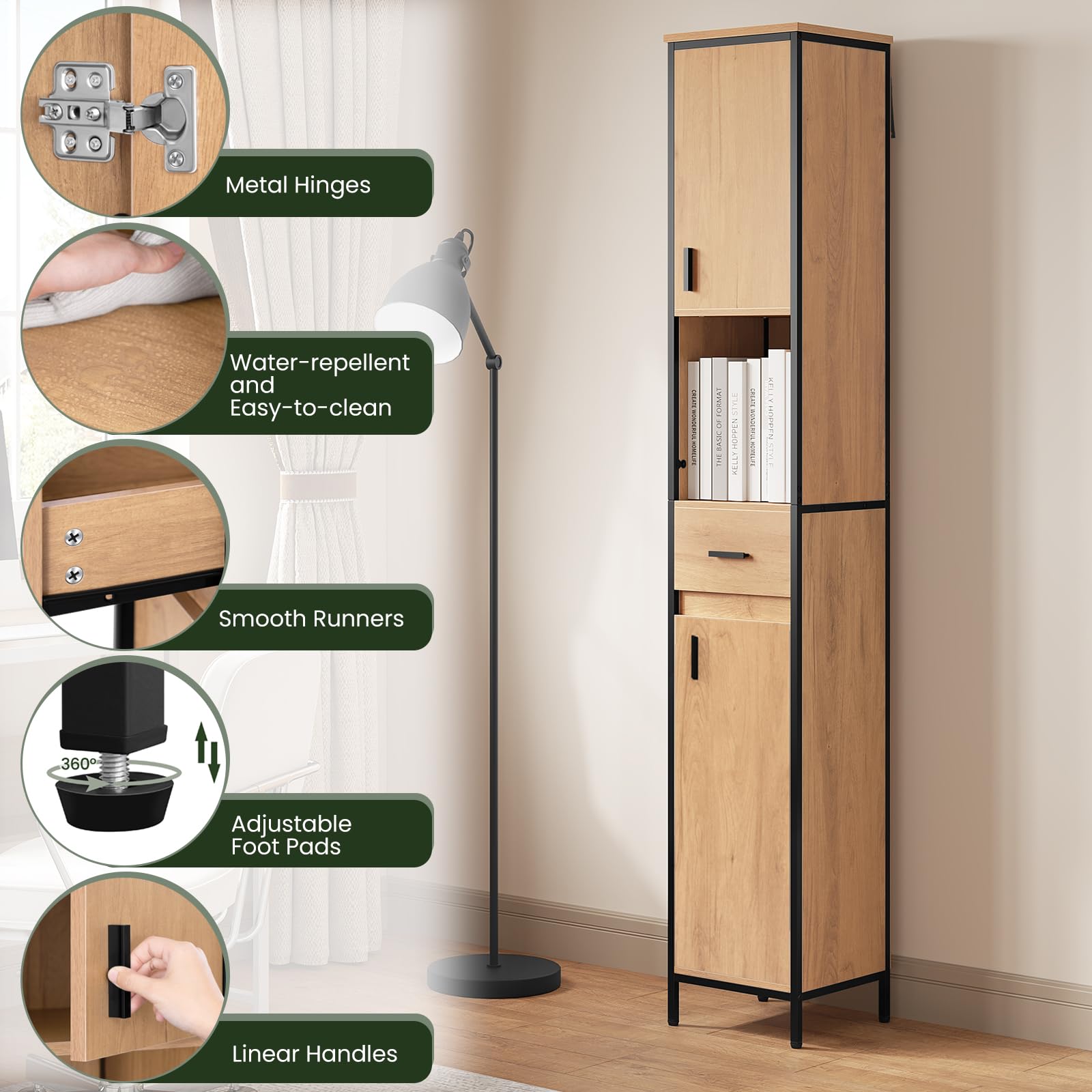 EUGAD Colonne Salle de Bain, Meuble Salle de Bain Rangement, avec 1 Tiroir, 2 Placards à Porte, 1 Casier Ouvert, Étagères Réglables, 30x30x180cm, Chêne Clair+Noir