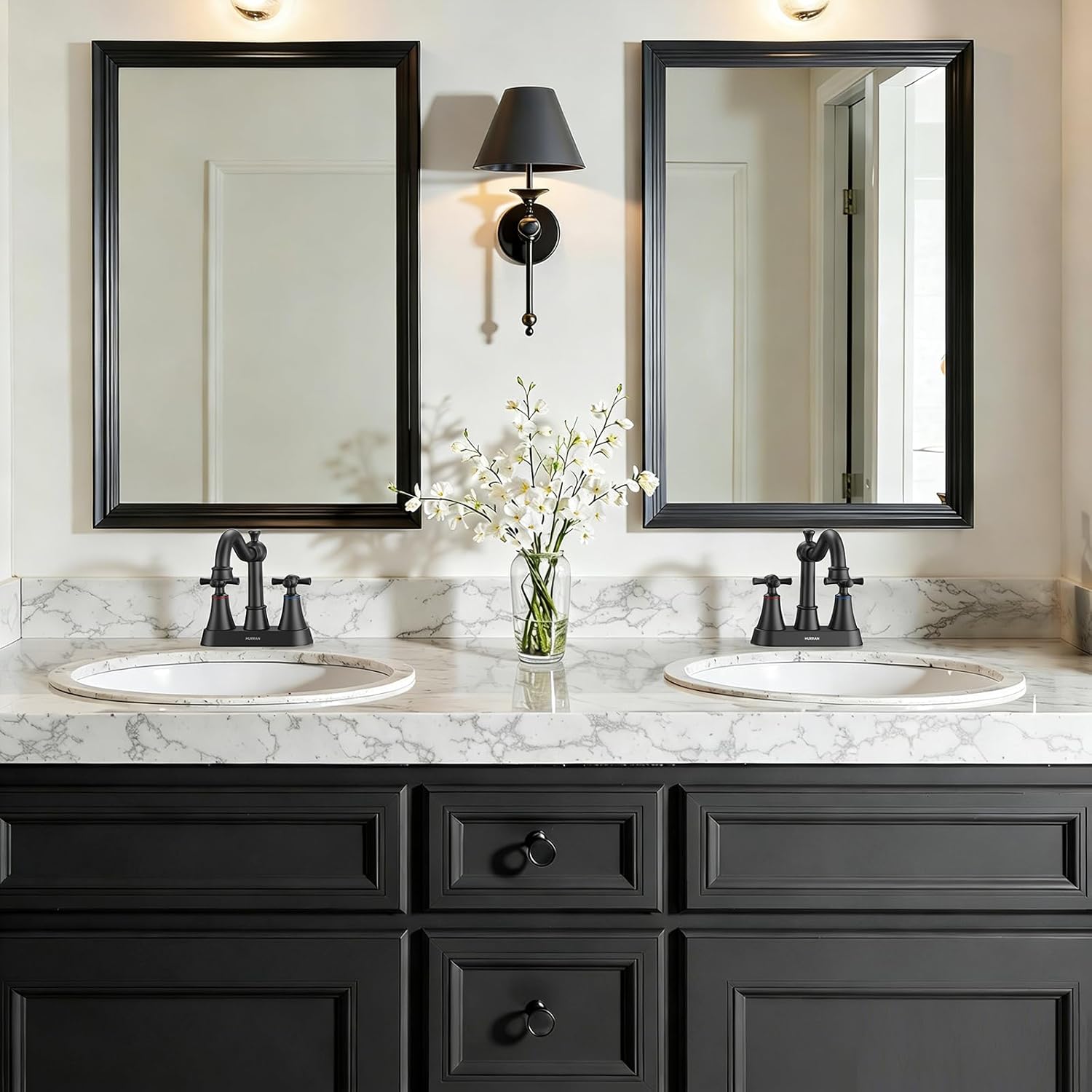 Hurran 4-inch Centerset Matte Black Classical Bathroom Faucet, 2 Handles for 2 or 3 Hole Sink with 360° Swivel Spout, Pop Up Drain Assembly and Supply Hose for Vanity Sink Lavatory Faucet