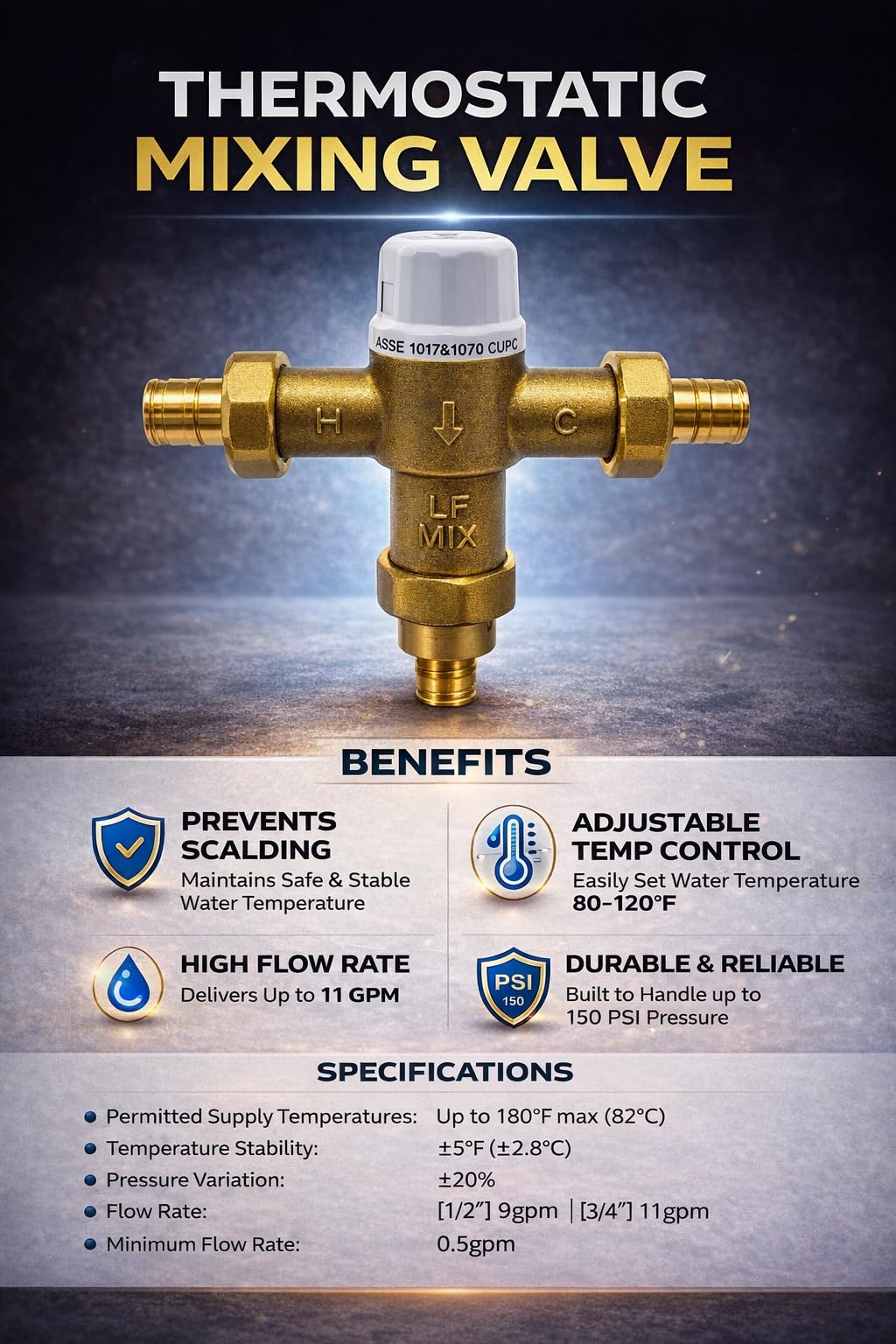 Válvula mezcladora termostática (TMV) F1807-PEX de 3/10.2 cm con control preciso de la temperatura del agua. Certificado ASSE, UPC y NSF. Caudal máximo de 12 GPM. Aplicaciones residenciales