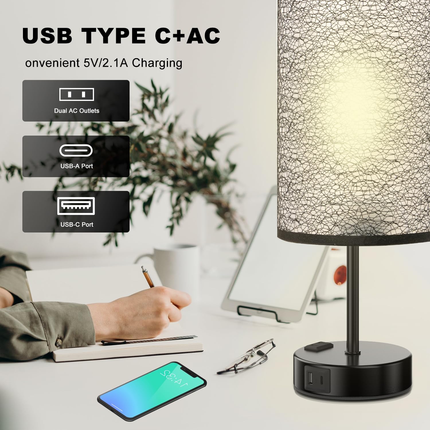 Table Lamp for Bedroom with Touch Control,Bedside Lamp with USB C+A Charging Ports& AC Outlets, Adjustable 3color LED Light for Home Decor/Nightstand/Bedroom/Office,Included Bulb and Fabric Lamp Shade
