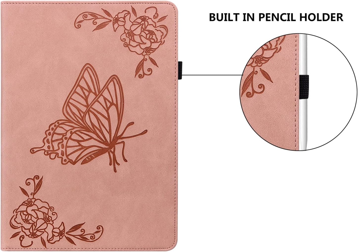 Fire HD 10 Case 9th/7th/5th Generation 10.1" (2019/2017/2015), Slim Folio Stand Wallet with Pencil Holder Elastic Band [Auto Sleep/Wake] Embossed PU Leather Cover, Pink Flower Butterfly