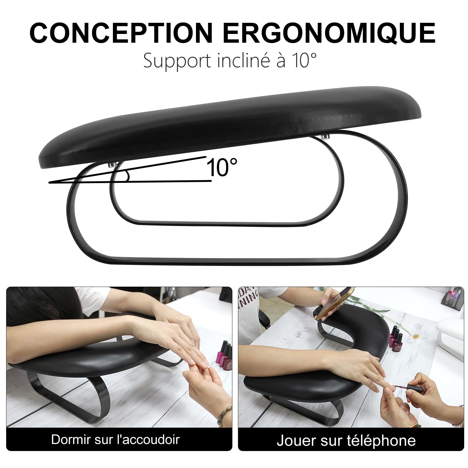 Nagelauflage, ergonomische Handauflage in U-Form, Manikürekissen aus PU-Leder, Nagelkissen mit Halterung aus Edelstahl, für Nagelstudios (schwarz)