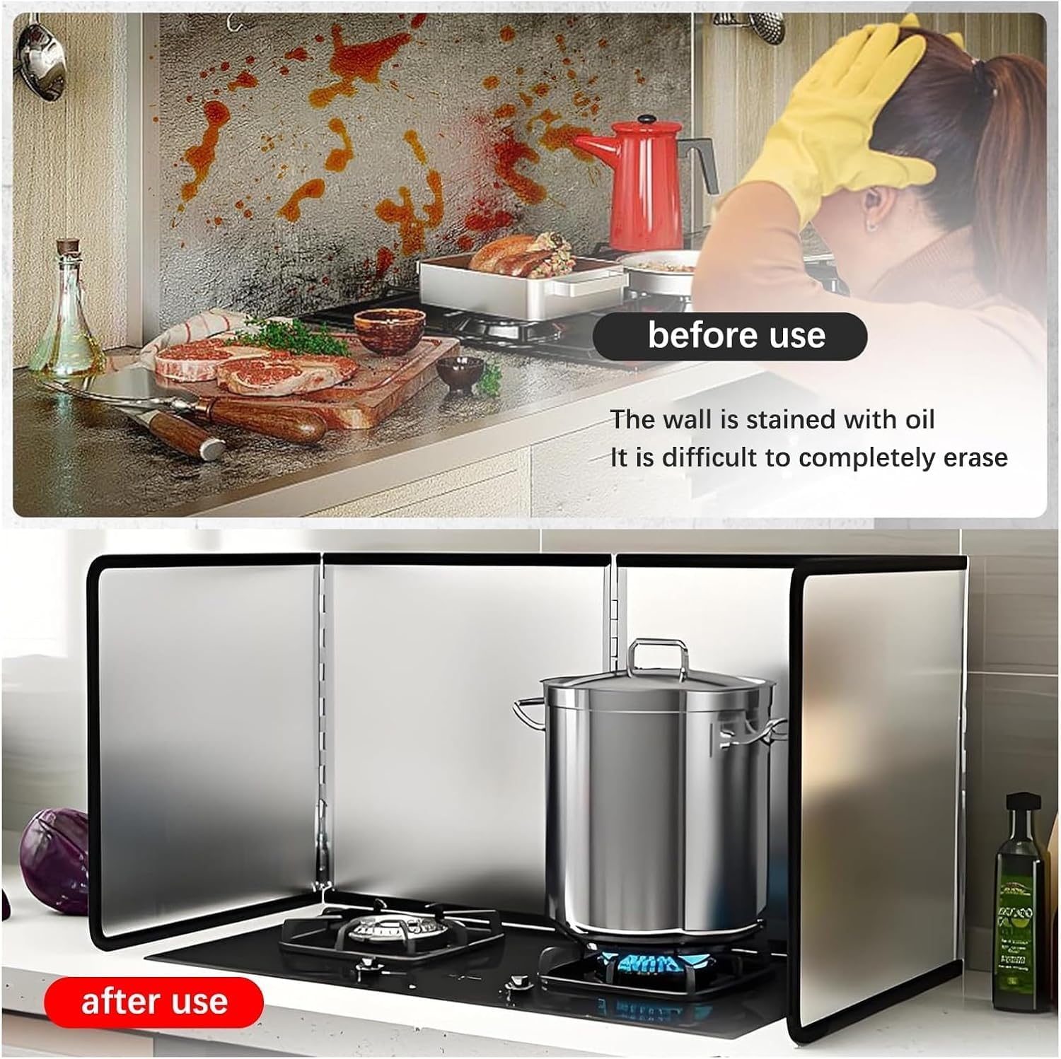 Splatter Guard for Stove Top, 4 Sided Splatter Guard, Foldable Stainless Steel Oil Splatter Screens for Frying, Nonstick Oil Stove Splash Guard, Stove Heat Insulation Board for Cooking(40x40x80cm)