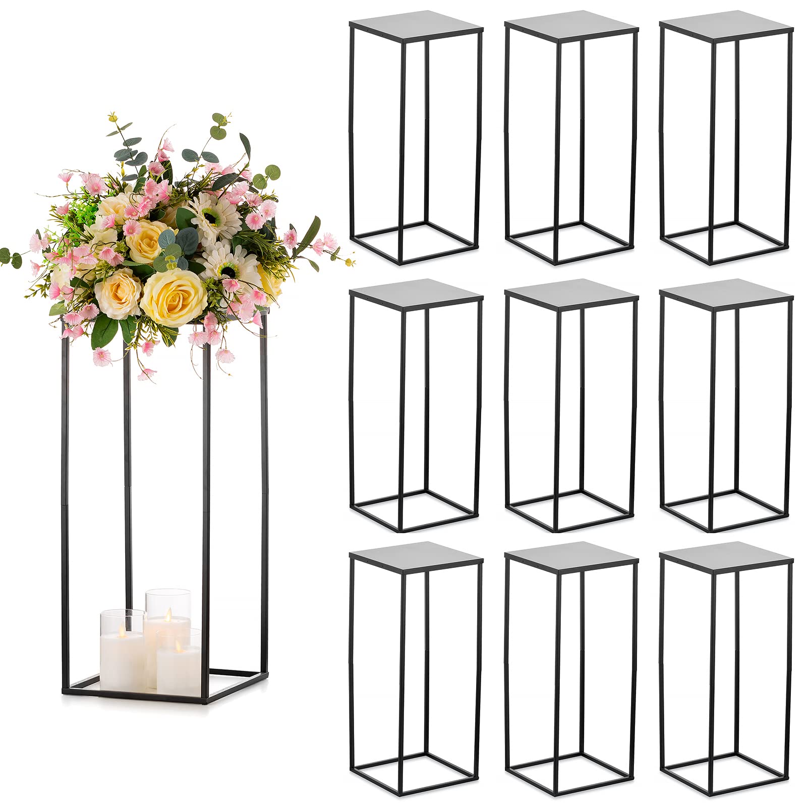 Sziqiqi Wedding Centerpieces Vase for Tables with Plates - 10 Pcs Metal Column Geometric Flower Stand 23.6in Black Flower Display Rack Decorations for T-Stage Reception Party Fiesta Event Home
