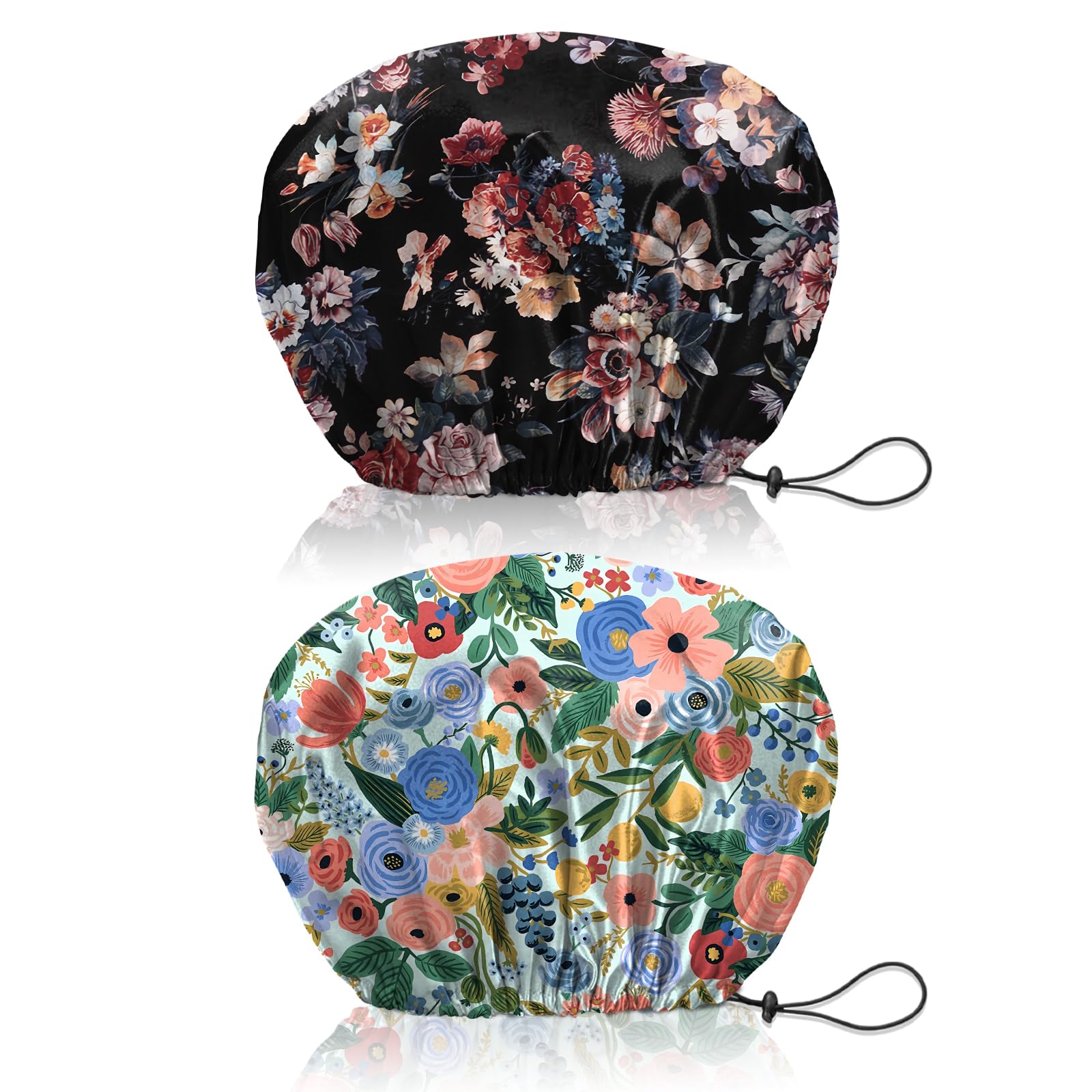 BHAHB 2 PCS Shower Cap Reusable Waterproof Double Layer Elastic Adjustable Hair Bath Caps Cute Aesthetic for Women Girls (V16-Flowers Rose)