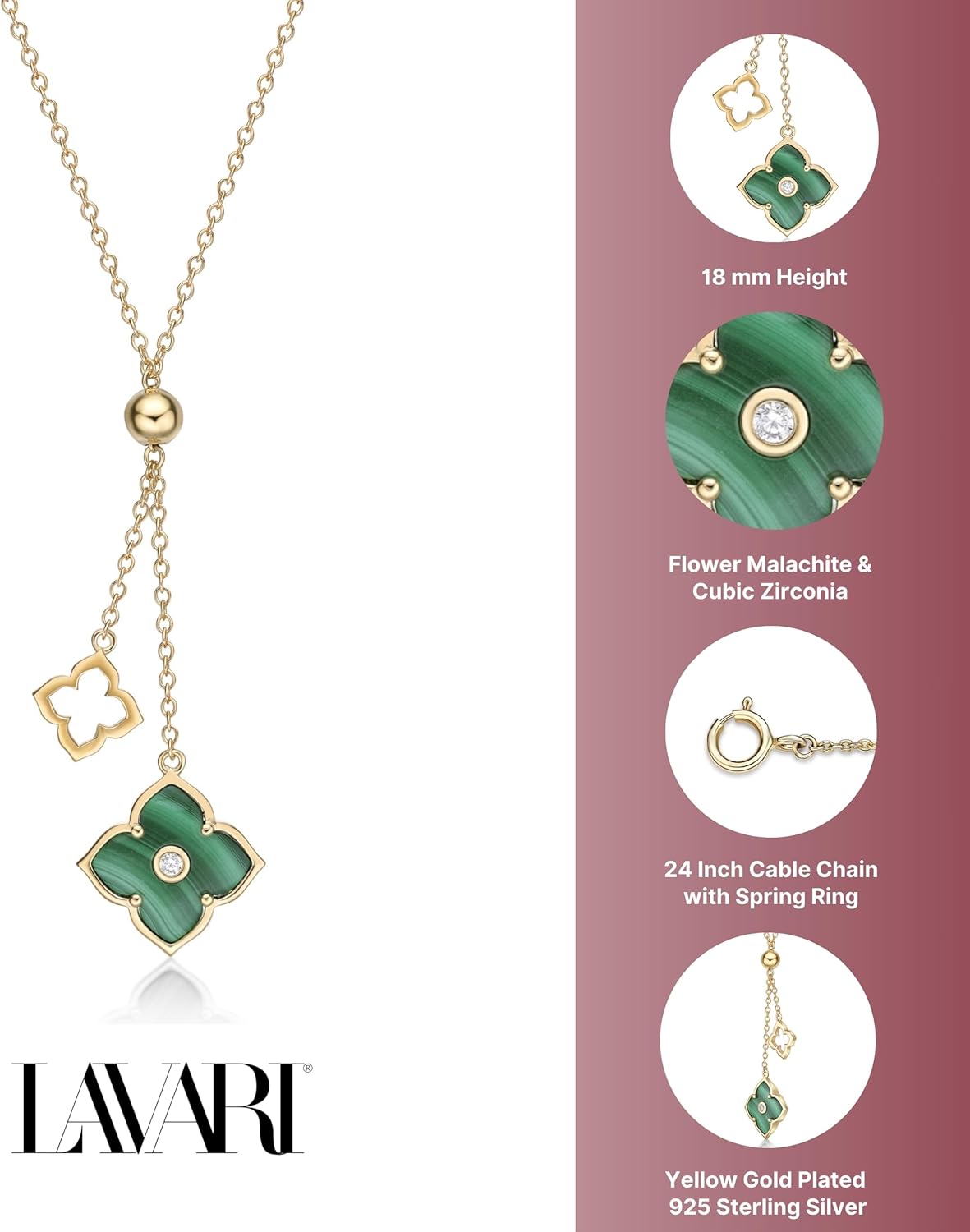 Lavari Jewelers Malachite, Black Onyx or Mother of Pearl and Cubic Zirconia Double Flower Pendant Necklace for Women - Gold Plated Sterling Silver Necklace for Her - 16 to 18 Inch Adjustable Chain