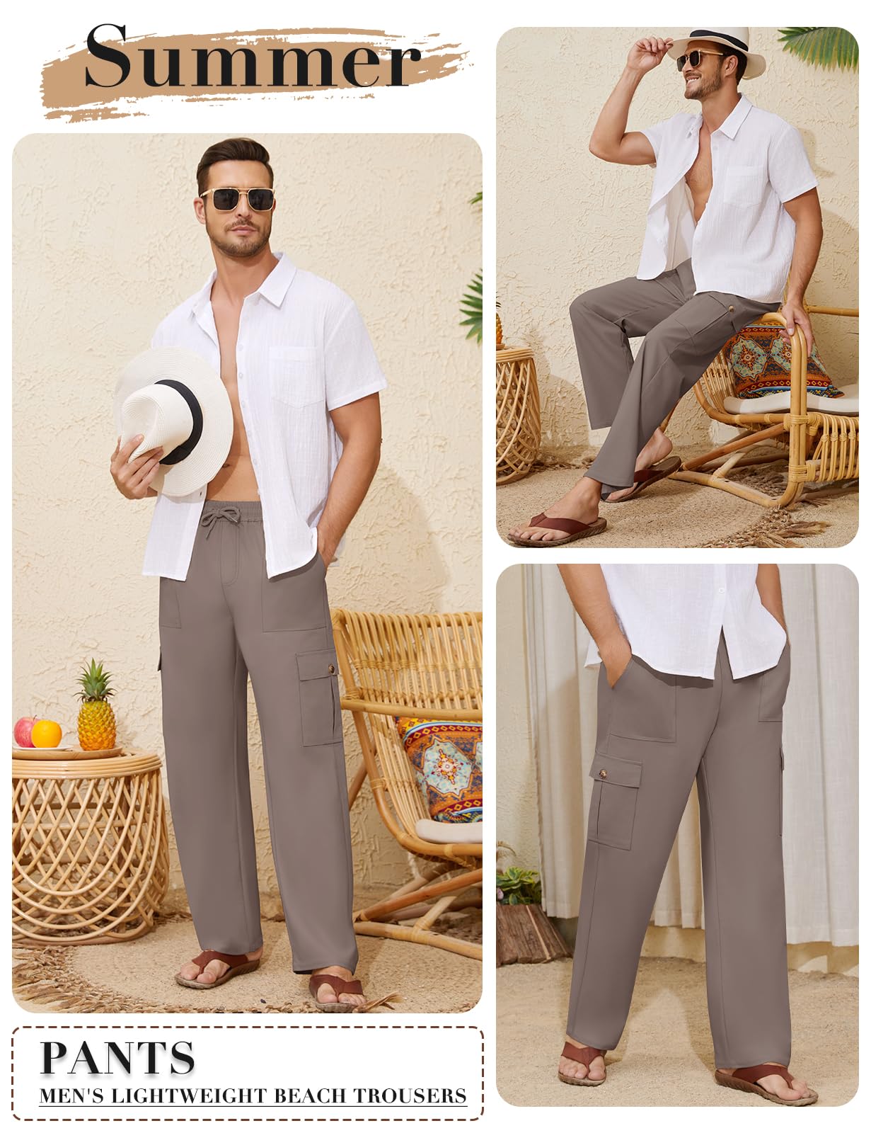 Voqeen Pantaloni Lino Uomo Estivi Pantalaccio Uomo Estivo Casual Pantaloni Elasticizzati in Vita con Tasche Cargo Pantalone di Lino Leggeri da Spiaggia Larghi