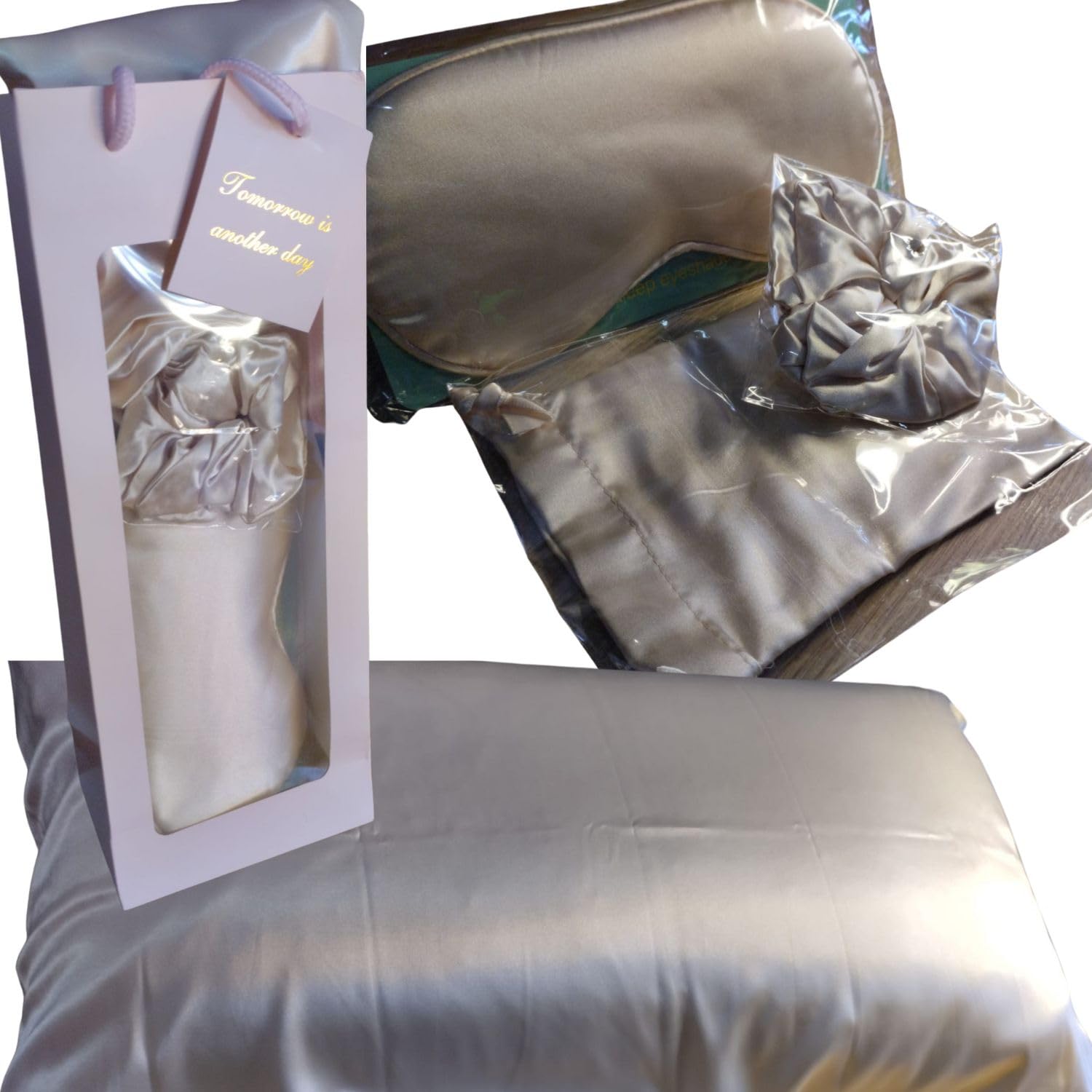 Funda de Almohada de Satén, Queen Size con Máscara para Dormir, Recoge Pelo y Bolsa de Almacenamiento - 100% Satén, Anti Frizz y Antiestática