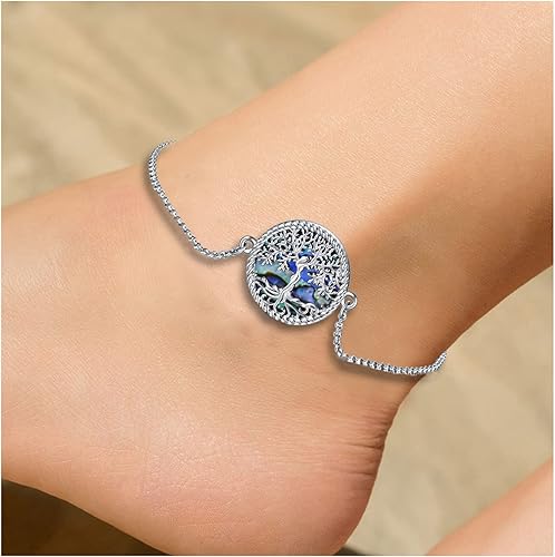 Miniatura 6 de ONEFINITY Tobillera de plata de ley con diseño de árbol de la vida, concha de abulón, ópalo azul, árbol de la vida, joyería de árbol para mujeres y