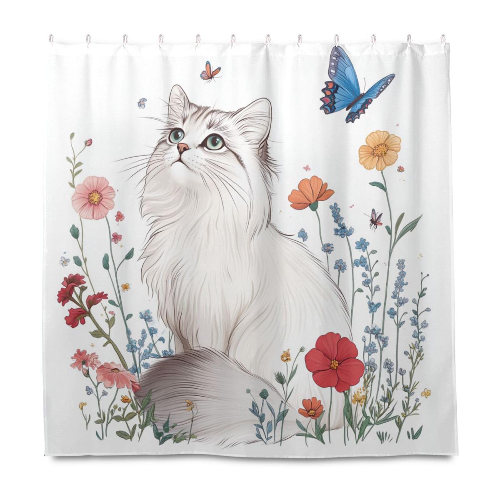 Rideau de douche polyester esthétique avec crochet motif chat blanc long tissu lavable 183x183