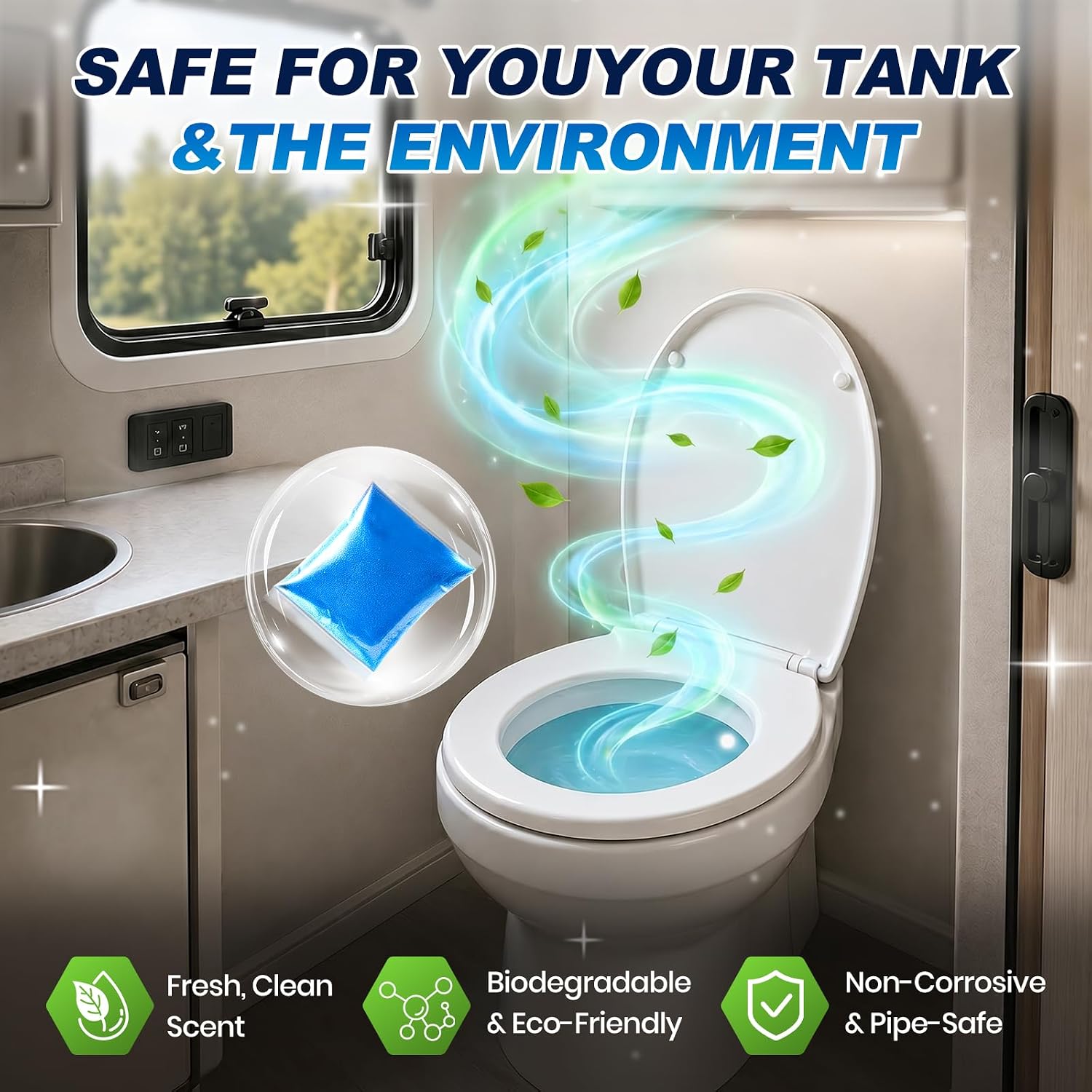 RV Black Tank Treatment, RV Toilet Pods, Breaks Down Waste & Paper Fast, Eliminates Tank Odors, Septic-Safe Enzyme Formula, 24 Pack RV Toilet Treatment Drop Ins, RV Holding Tank Treatment