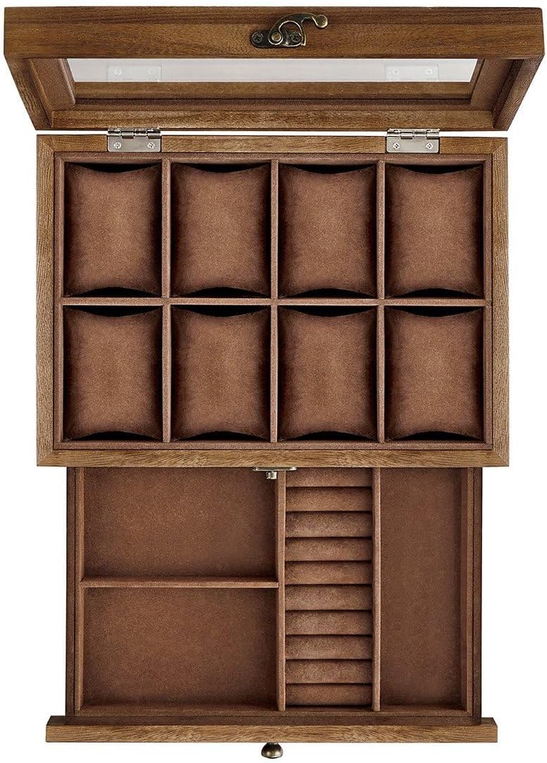 Watch Box with 8 Compartments Solid Wood Watch Box with Glass Lid for Rings Bracelets Necklaces Black JOW008B01