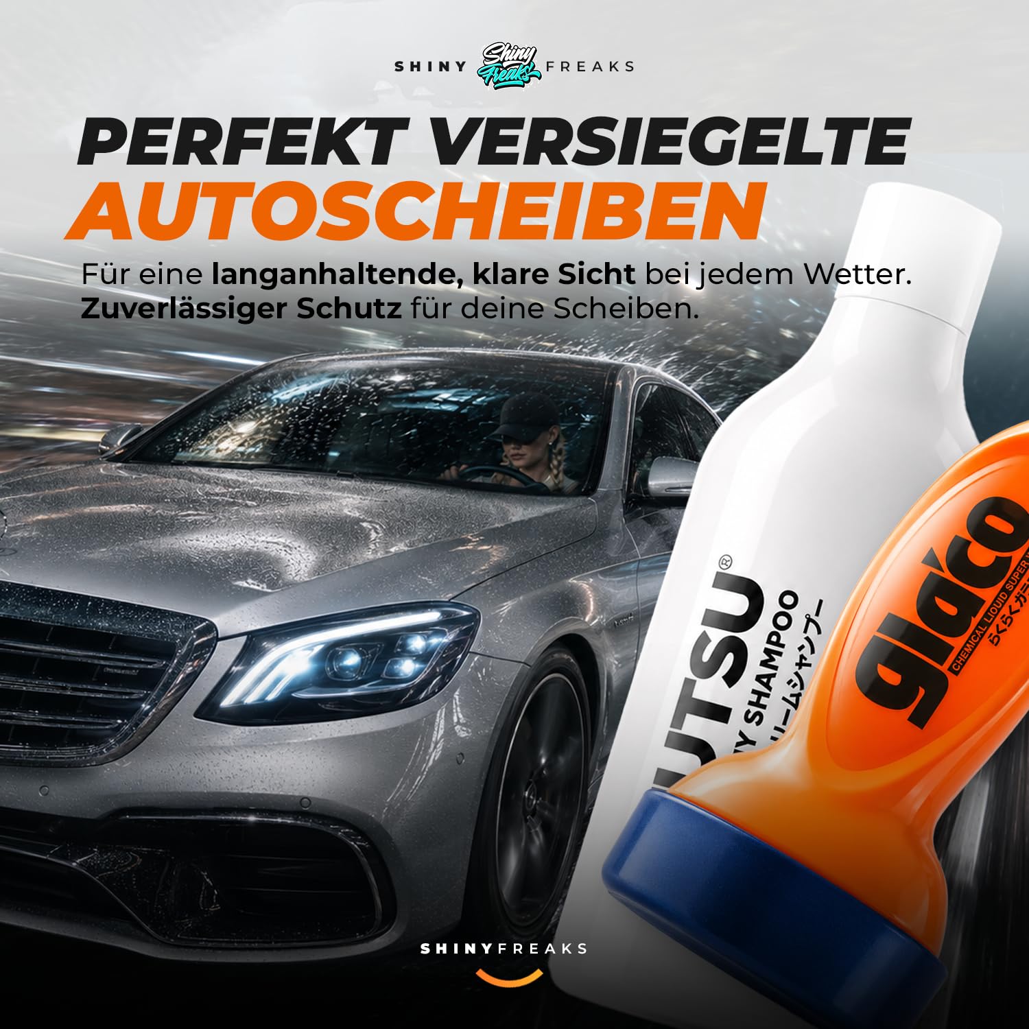 Glasversiegelung Set: Soft99 Glaco QAD (120ml) Scheibenversiegelung Auto + QJUTSU Creamy Shampoo (750ml) + Autoschwamm - Regenabweiser für verbesserte Sicht bei Regen | 3-teilig