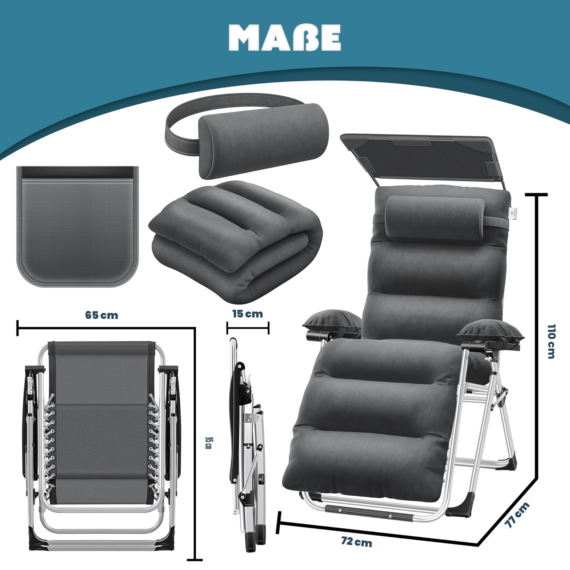 KESSER® Transat XXL - pliable, résistant aux intempéries, capacité 200 kg, revêtement ergonomique, dossier réglable, porte-gobelets et coussin pour les bras, avec auvent - Anthracite