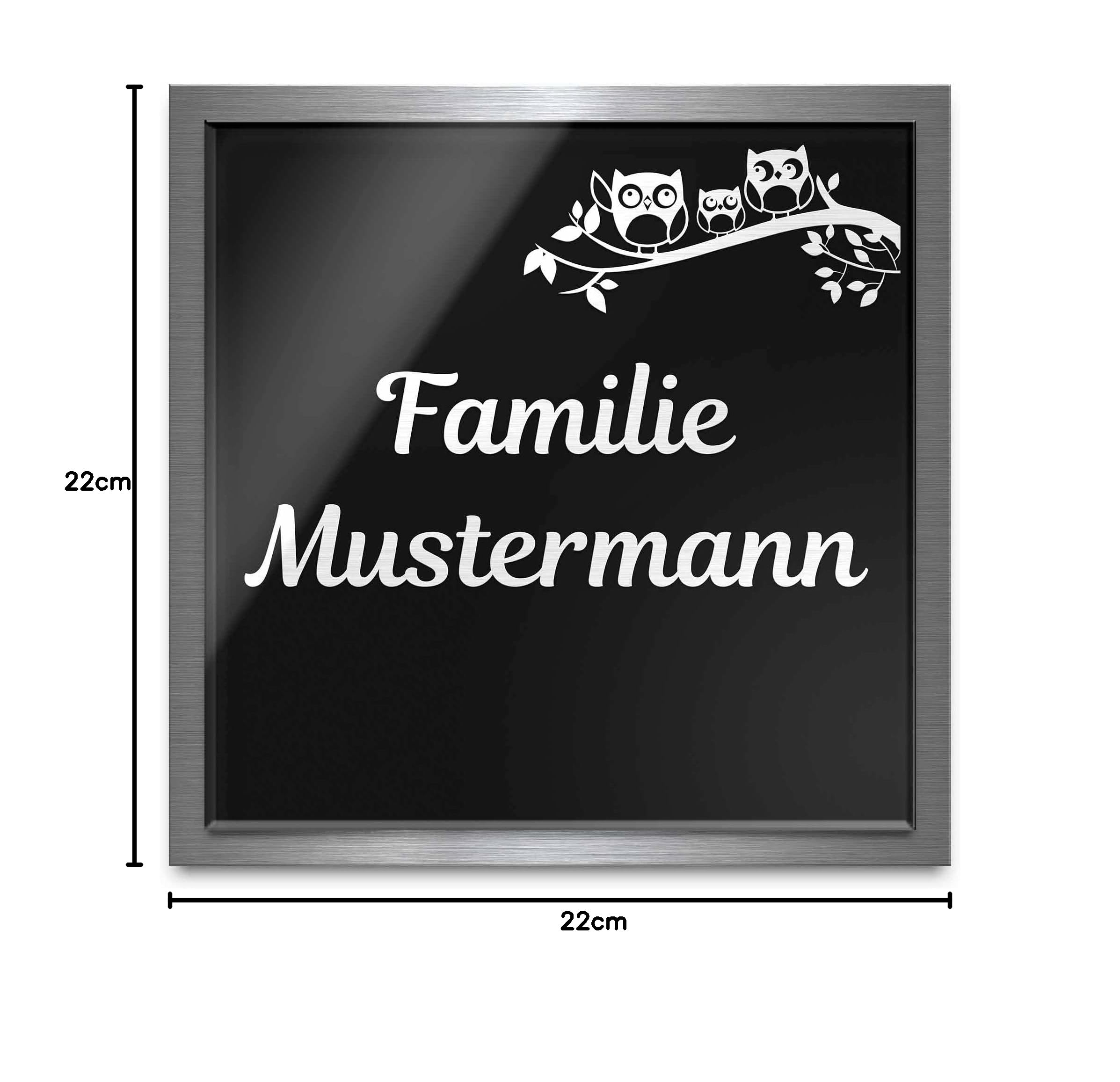 Premium Türschild aus Hochglanz Acrylglas und V2A Edelstahl | Namensschilder mit Gravur und Motiven Familienschild Türschilder für die Haustür mit Namen selbstklebend oder mit Bolzen 22x22 cm