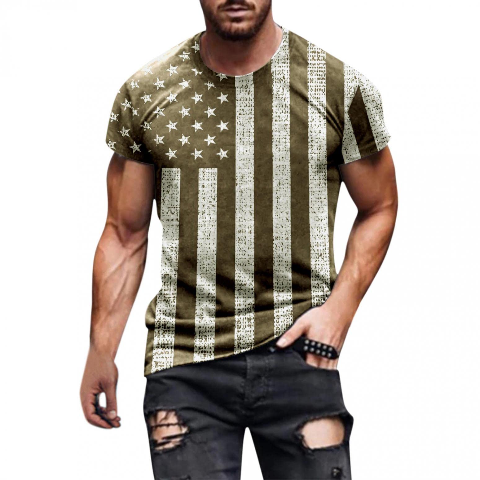 Vintage T Shirts for Men Graphic 3D Printing Crew Neck Short Sleeve Tee Shirt Workout T-Shirt Gym Independence Day Mens Shirt