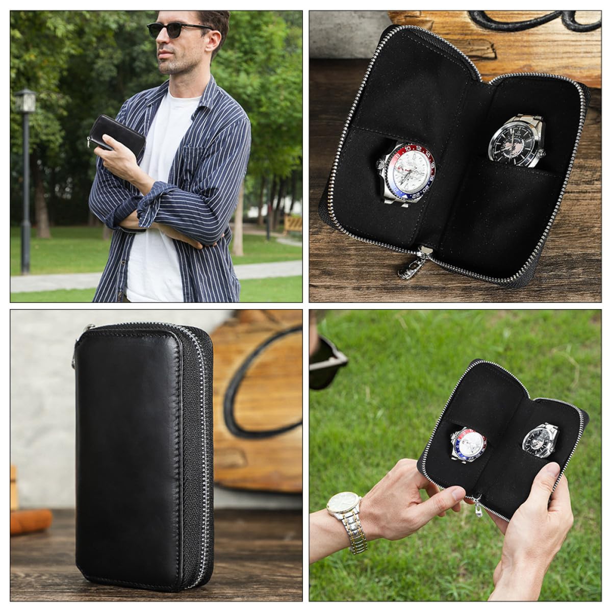 Abaodam Outdoor Uhren Organizer Uhrenbox aus Leder mit Reißverschluss Stoßfester Reise Uhrenbehälter für Herren und Damen