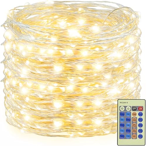 Decute Guirnalda de 300 luces LED para árbol de Navidad, 99 pies, alambre plateado, blanco cálido, regulable, con control remoto, certificación UL,