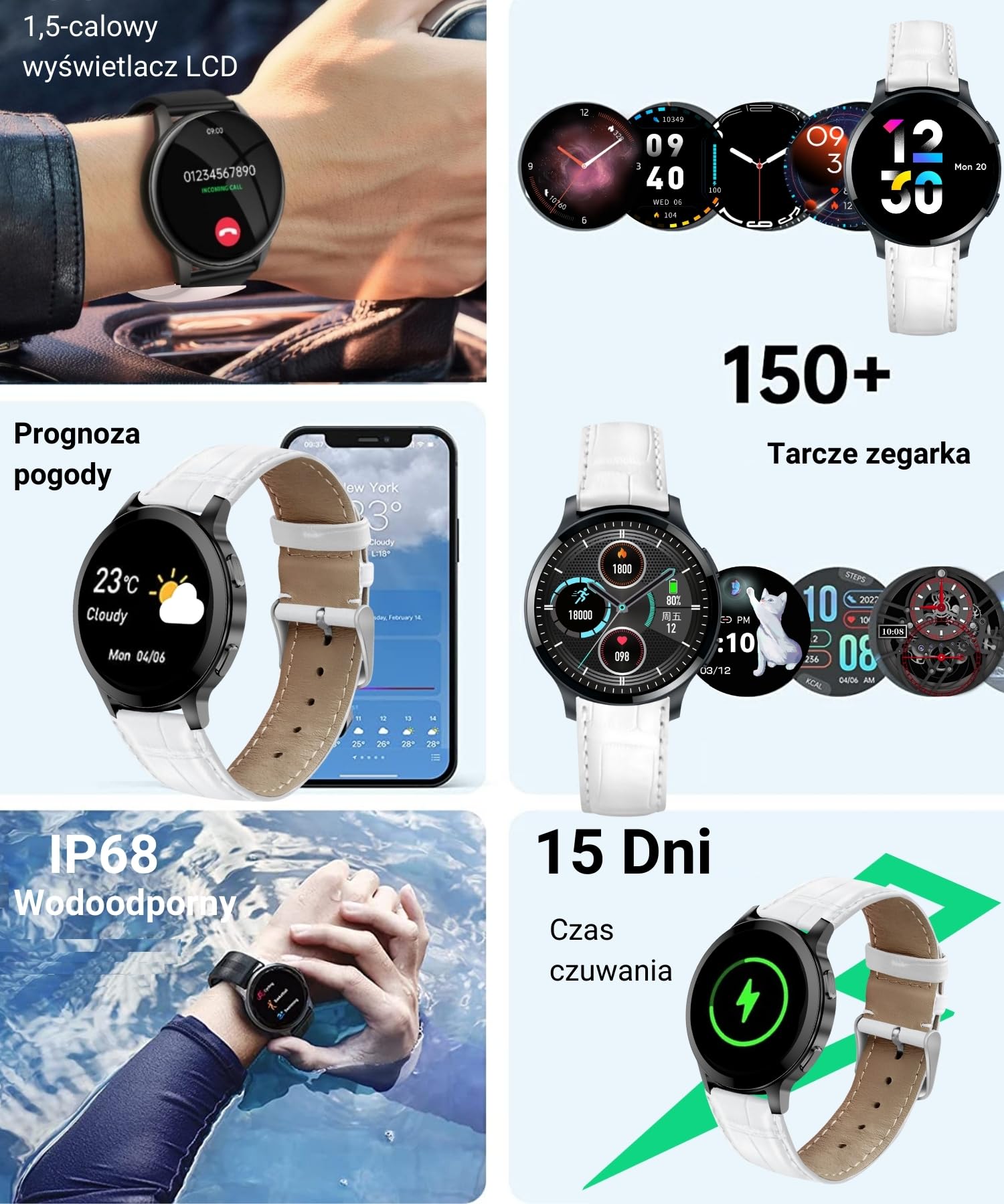 Smartwatch damski z funkcją telefonu, 1,5" zegarek fitness na rękę, zegarek sportowy z pulsometrem, sterowanie muzyką, krokomierzem, kalorii, wodoszczelny tracker fitness (Z-biały/skóra, 1.5")