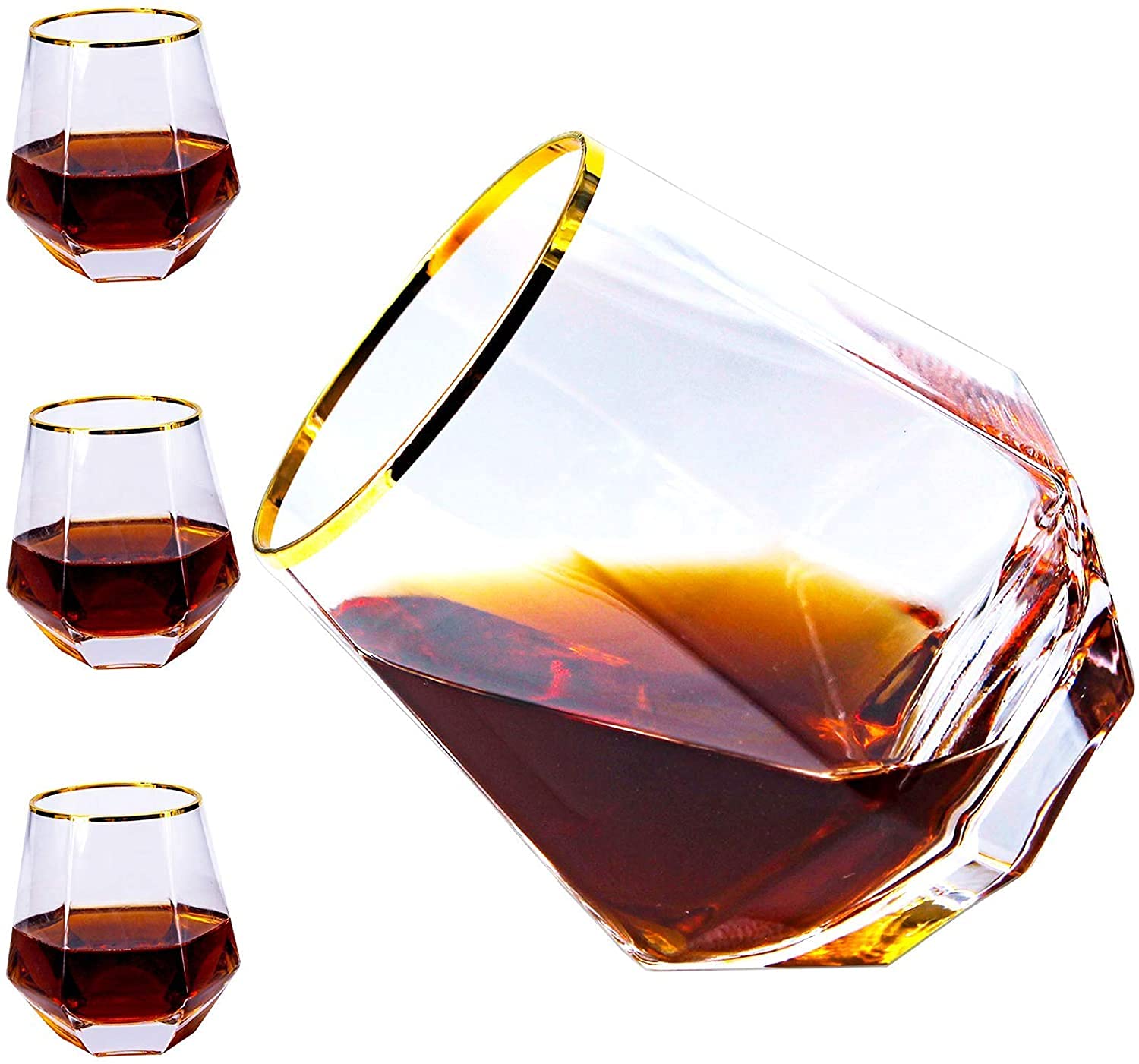 multizone Whiskey Glass 400 ML, Rocks Glasses Premium, Hand Blown Old Fashioned Glass Crystal Drinking Glassware for Brandy Scotch Bourbon Cognac Rum Gin Water Set of (Golden Rim Diamond Glass, 4)