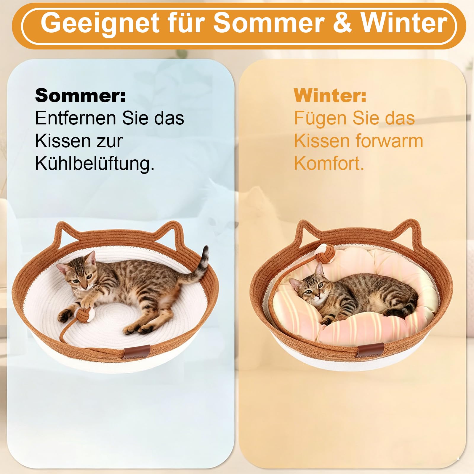 Katzenbett mit Seilball, 46x46x16 cm Rundes Katzenkorb aus Baumwollseilen, Atmungsaktiv Waschbar Drinnen Katzenkörbchen, Katzenhöhle für Alle Katzen und Welpen