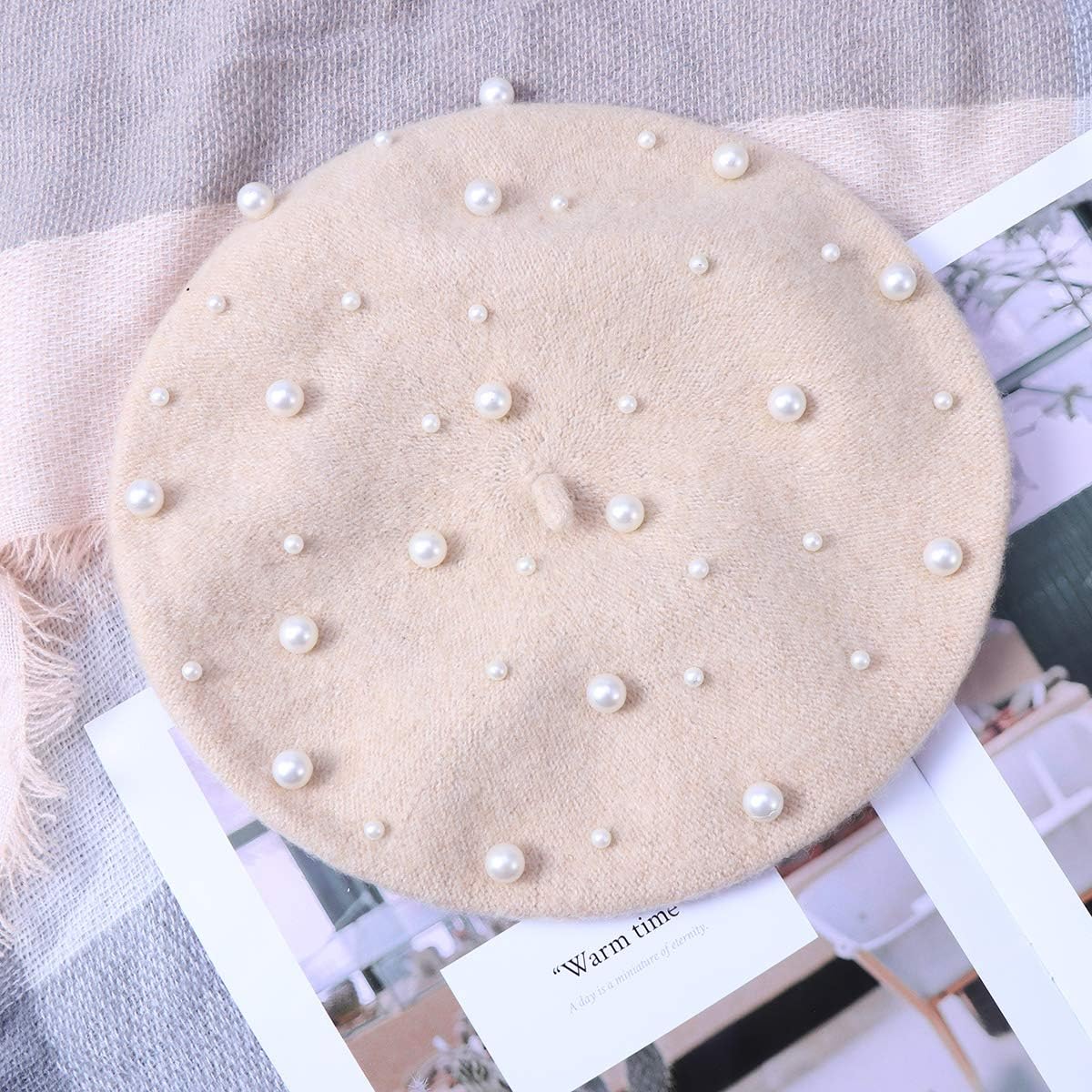 Wool Beret Hats for Women with Pearls, French Style Beret for Girls Winter Fall, Solid Color Artist Hat for Photo Shoots Travel Accessory (Beige) - Image 3