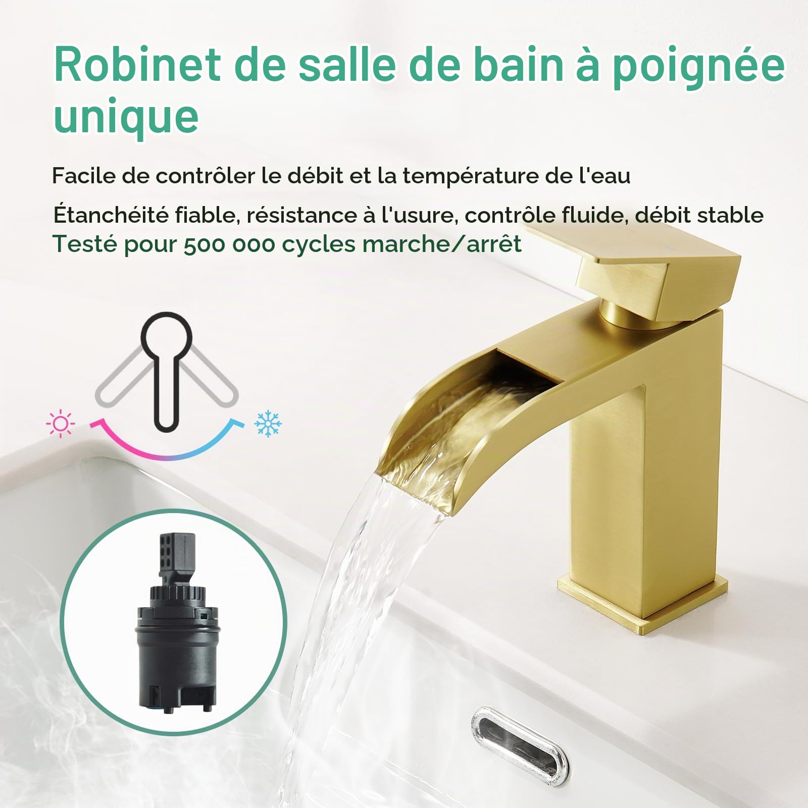Faustina Robinet pour Lavabo Salle de Bain cascade rectangulaire, Mitigeur Monocommande, Or