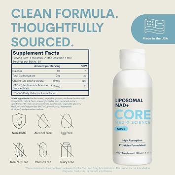 Core Med Science NAD+ Supplement Liposomal Liquid, 100mg NAD Plus - 4 Fl Oz | High Absorption, Physician Developed to Support Cellular Energy, Longevity & Brain Health - 30 Servings, Made in USA