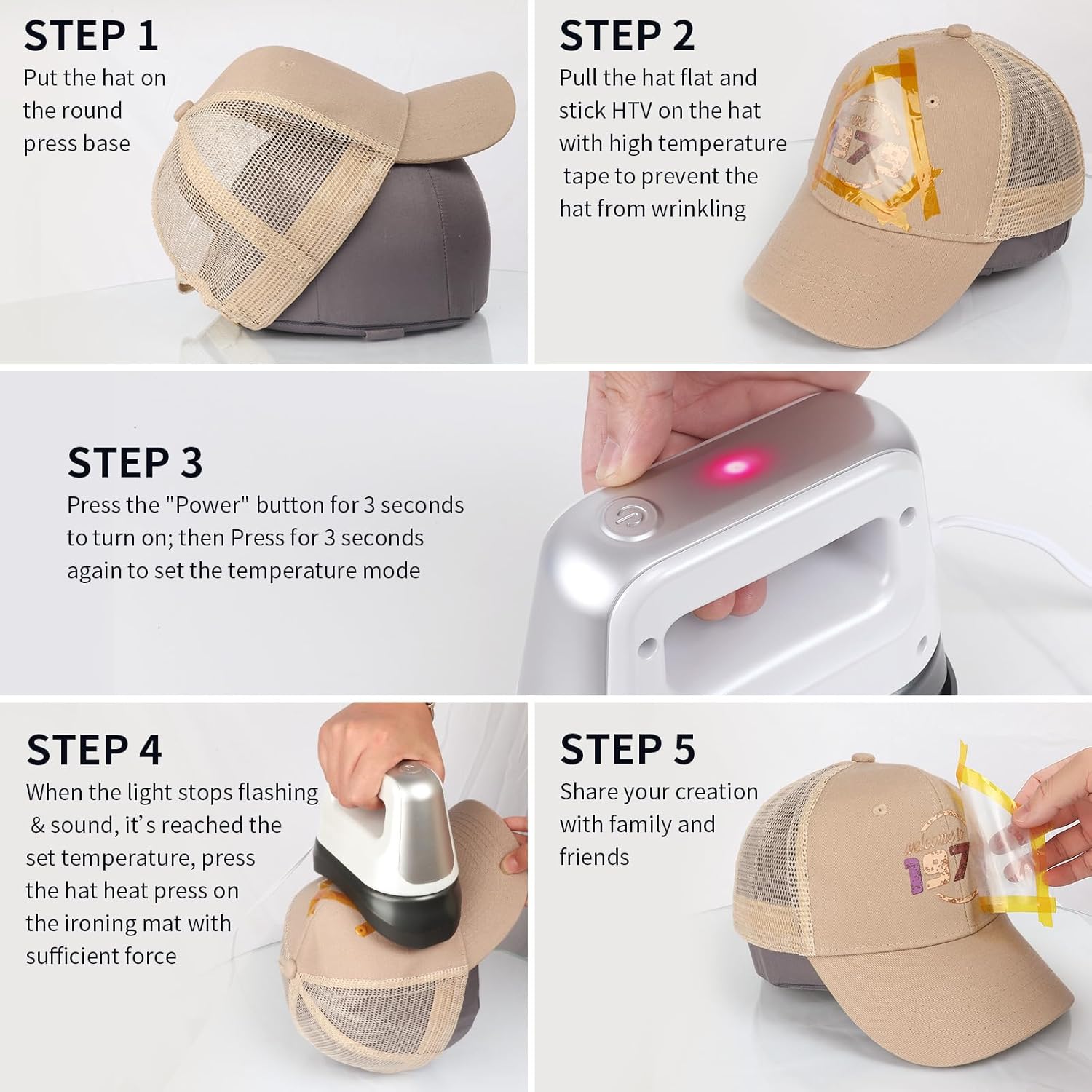 Hat Press, Mini Hat Heat Press Machine for Caps & Patches, Portable Handheld Cap Easy Press Machine with 3 Heating Levels, Auto-Off & 6.3"x3.3" Curved Heating Plate