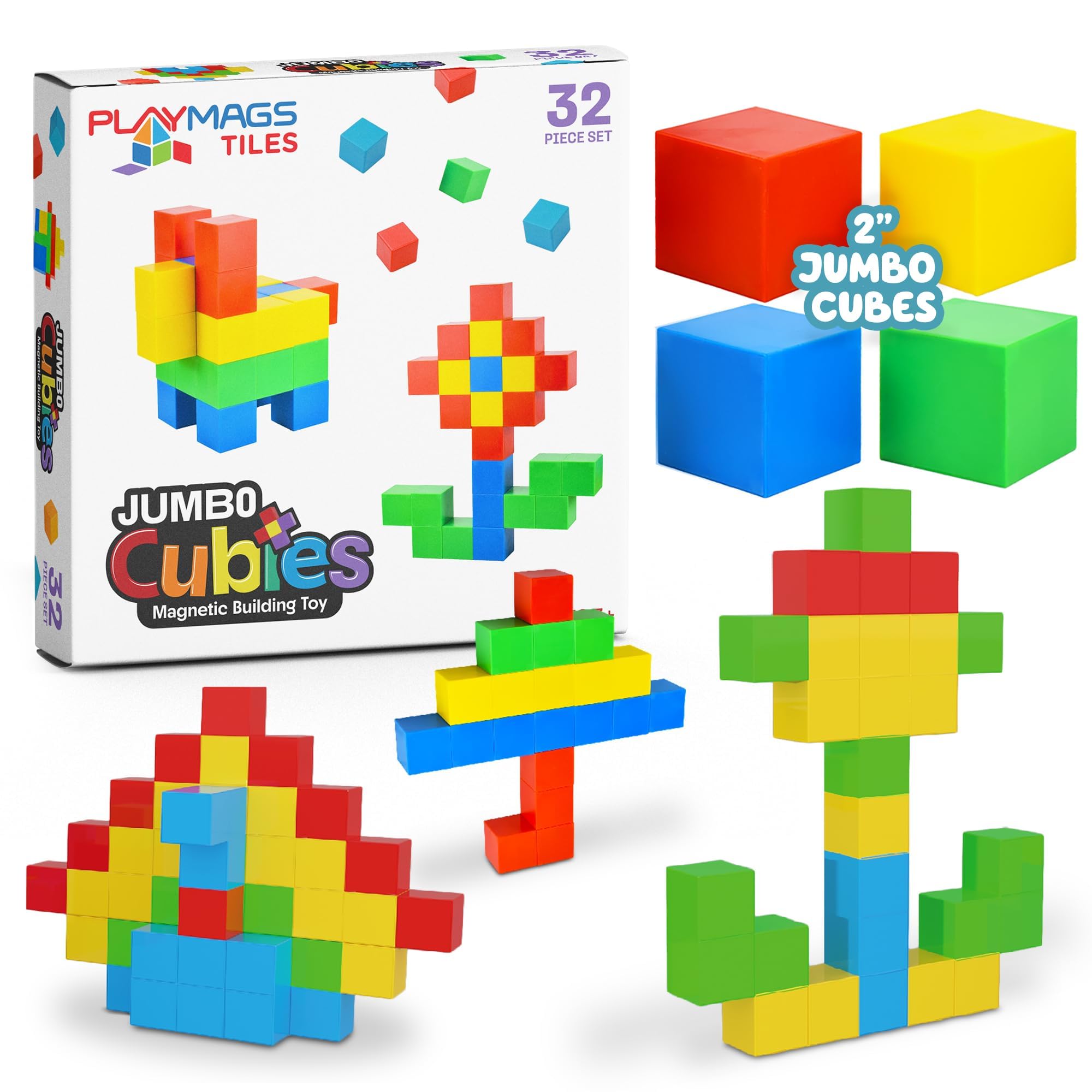 Playmags Jumbo Cubies Magnetic Blocks Building Toy, 32pc 2-Inch Magnet Cubes STEM Toys for Toddler & Kids, Preschool, Educational Construction Block Toy for Boys & Girls (32) 32 Pieces