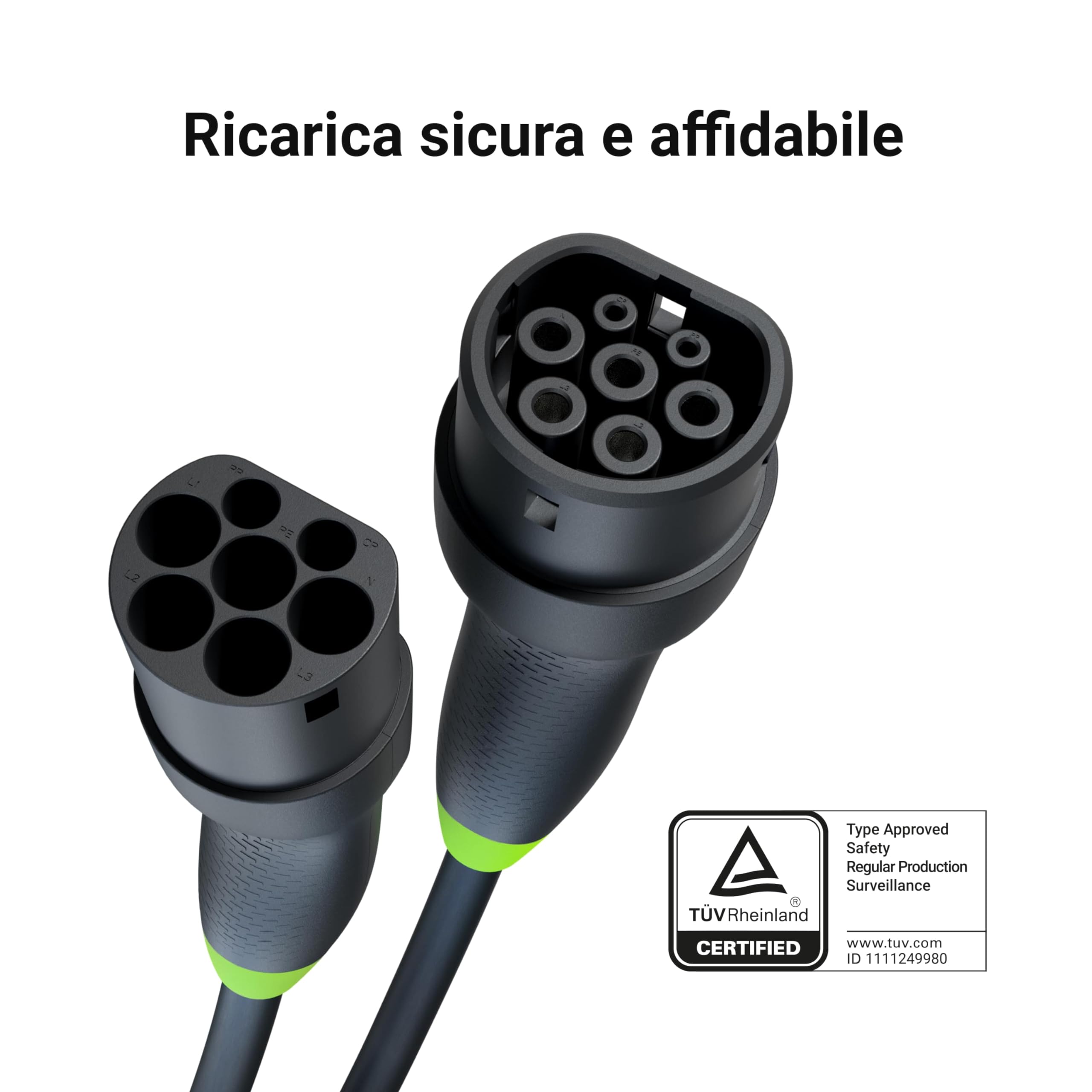 Green Cell GC Snap Tipo 2 Cavo di Ricarica 11kW 5m 16A per EV Auto Elettriche Tipo 2 a Trifase TÜV Compatibile con Model Y 3 S X, 500e, 600e, e-208, e-2008, ZOE, ID.3, ID.4, iX1, EV6, Mach-E