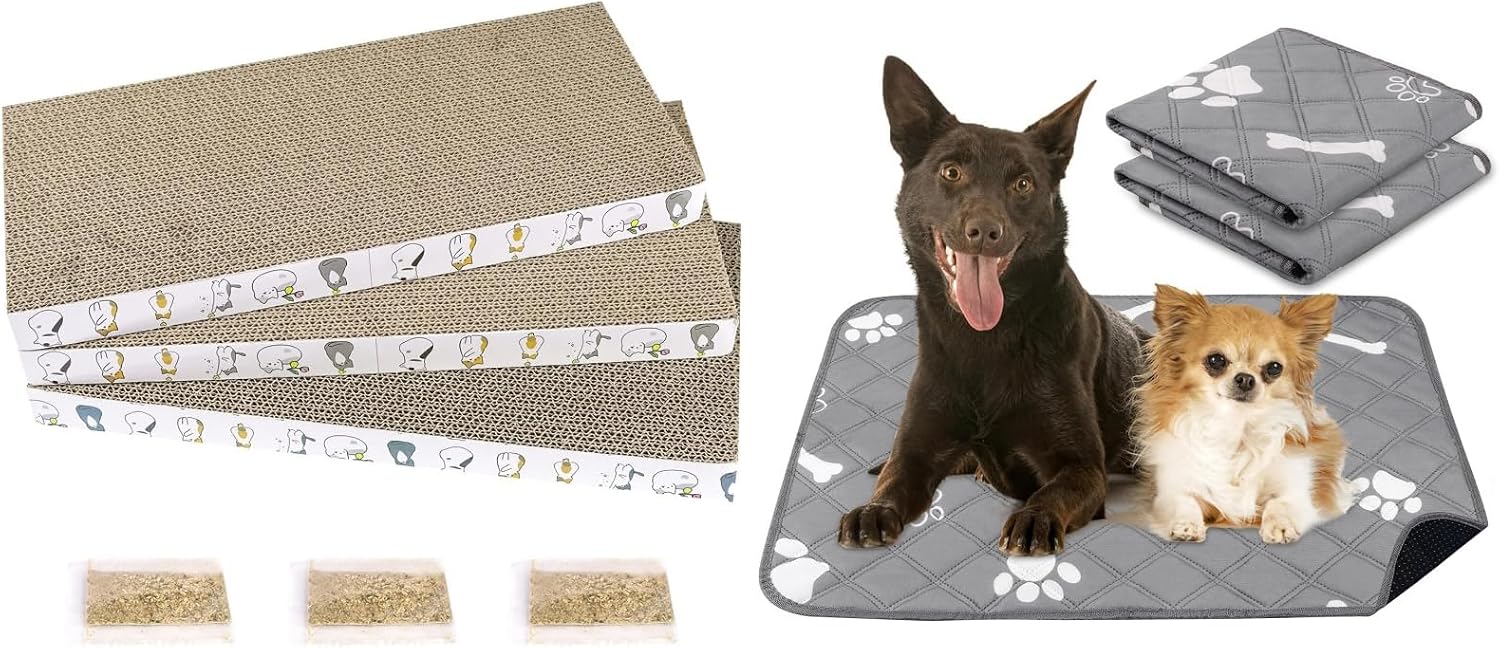PatiencET Bundle of 3 PCS Cat Scratch Pad and 18'' x 24" Reusable Puppy Pads with Super Absorbent for Pet Training