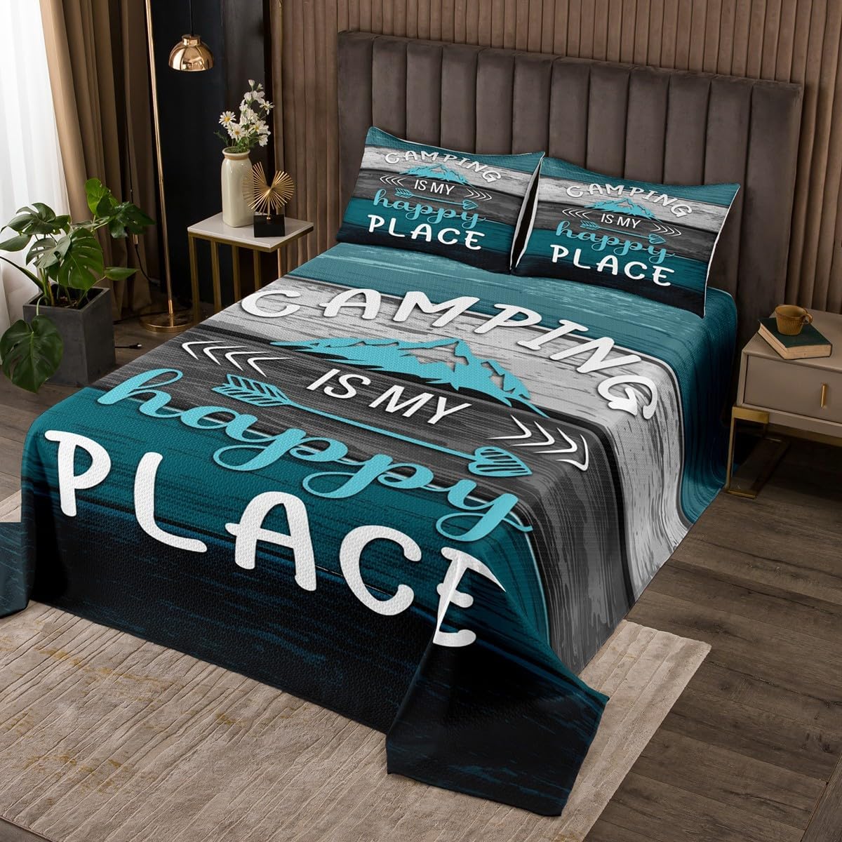 Manfei Happy Camping Kids Bedspread Twin Size, Blue Grey Black Wooden Plank Coverlet Set for Boys Teens Adults, Rustic Farmhouse Quilted Coverlet with 1 Pillowcase, Soft Polyester Bedding Quilt
