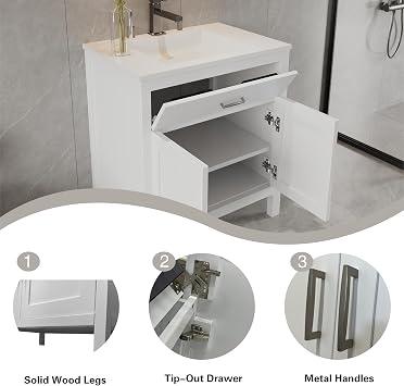 White 36 Freestanding Bath Vanity Tip-Out Drawer Sink Base Cabinet Without Top, Solid Wood Premium Grade (36 Wx21 Dx34.5 H)