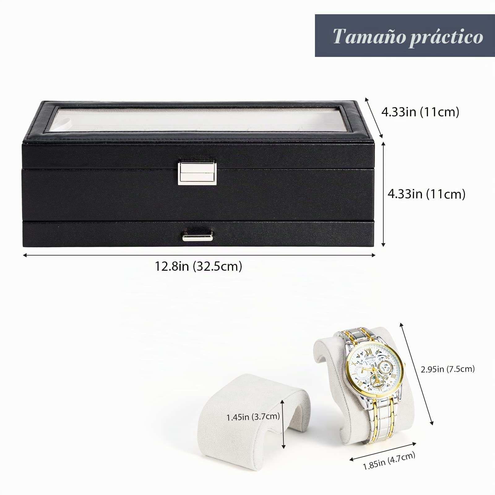 ProCase Caja de Relojes 6 Ranuras Cajón 2 Capas Tapa de Cristal Estuche Almacenamiento Negro