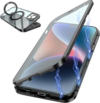 for i-Phone 14 Case Safety Lock Magnetic Adsorption Aluminum Bumper Double Sided Case Tempered Glass+PC Back Cover with Lens Protector for i-Phone 14 6.1 inch 2022 Black