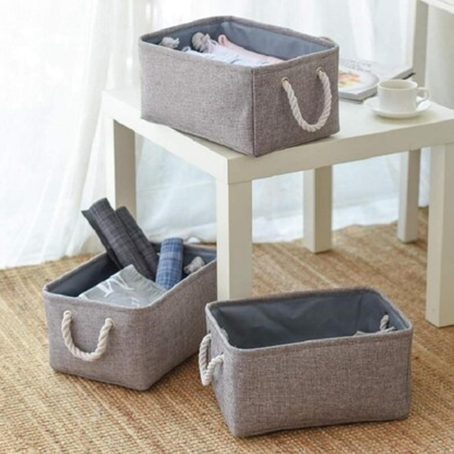 Kuber Industries Stackable Storage Basket|Foldable Toy Storage Bin|Wardrobe Organizer For Clothes|3 Different Sizes (Grey) (Pack Of 3) 4