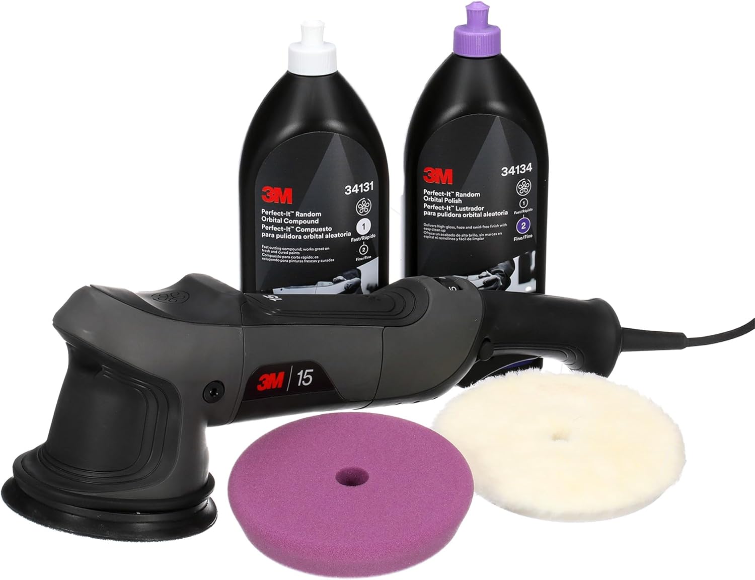3M Perfect-It Random Orbital Polisher Intro Bundle for Automotive Refinishing, Refining & Polishing, Includes 15mm Polisher, 5" Compounding Pad, 5" Polishing Pad, 1qt Compound, 1qt Polisher
