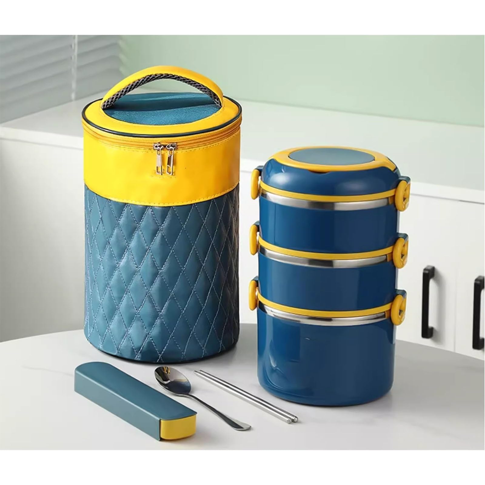 Fiambrera, Bento box, Bolsa de Almuerzo Aislada, Lonchera Apilable de Acero Inoxidable con Aislamiento, Loncheras de gran Capacidad(Yellow,Large)