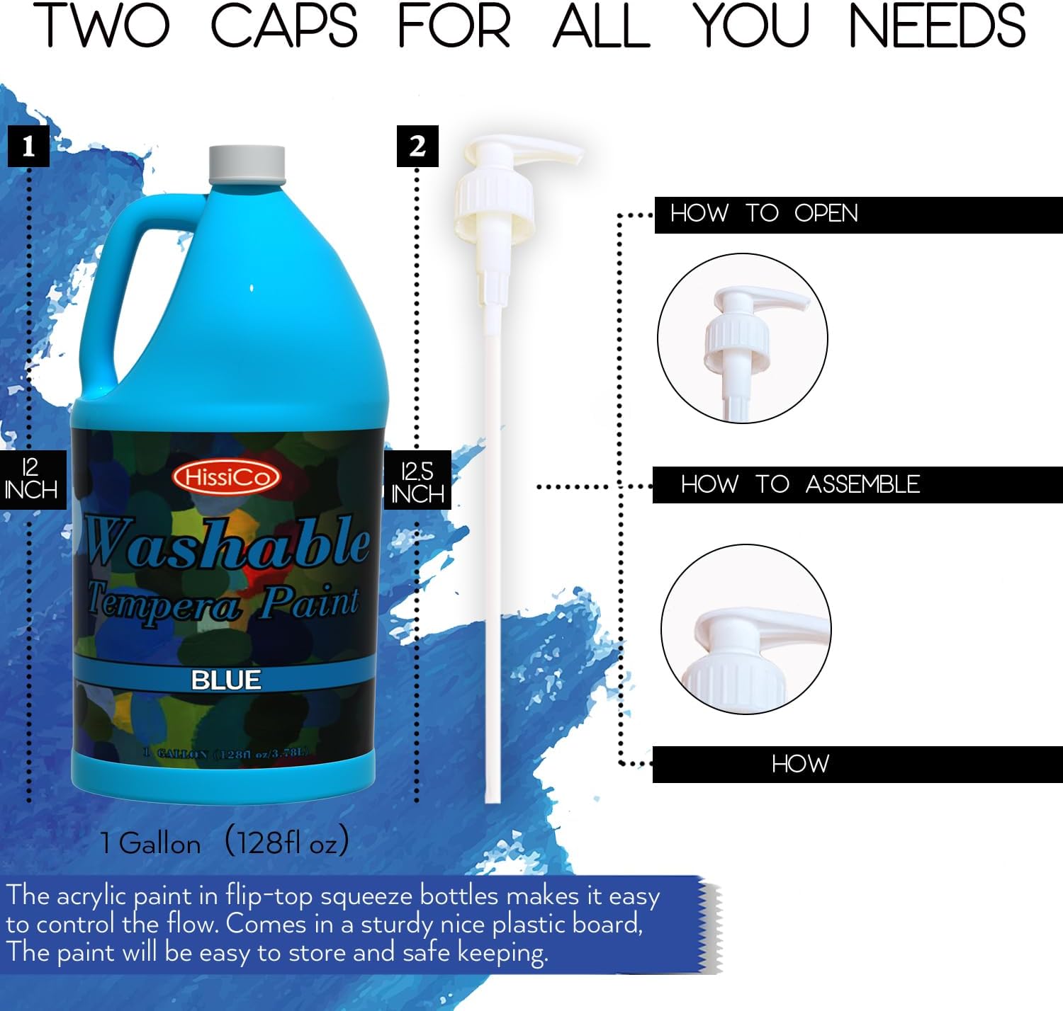 HissiCo Washable Tempera Paint for Kids,Blue(128 oz/1 Gallon) Liquid Poster Paint, Non-Toxic Kids Paint with Fluorescent Glitter Metallic Neon Colors for Finger Painting, Hobby Painters