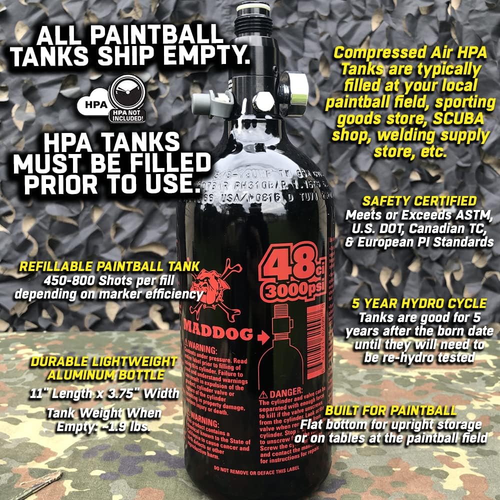 Maddog Aluminum Compressed Air HPA Paintball Tank with Regulator - Airgun Airsoft PCP - Fresh Hydro Date - Ships Empty - Single - Refillable