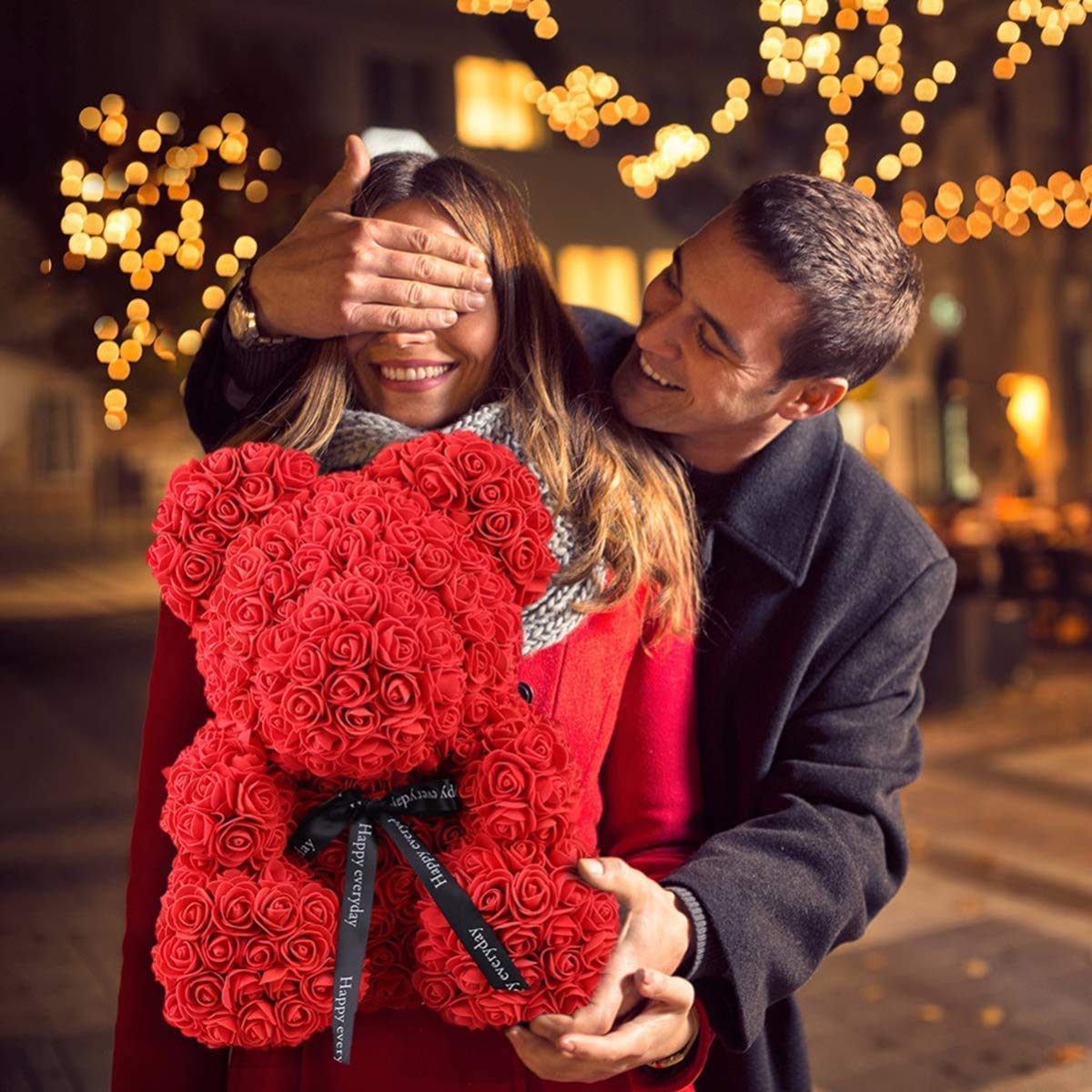 Oso de Rosas 40cm con Caja de Regalo - Rose Bear 40cm Oso Rosas Artificiales Foam - Regalo San Valentín, Enamorados, Aniversario, Amor, Cumpleaños, Regalo romántico (Rojo)