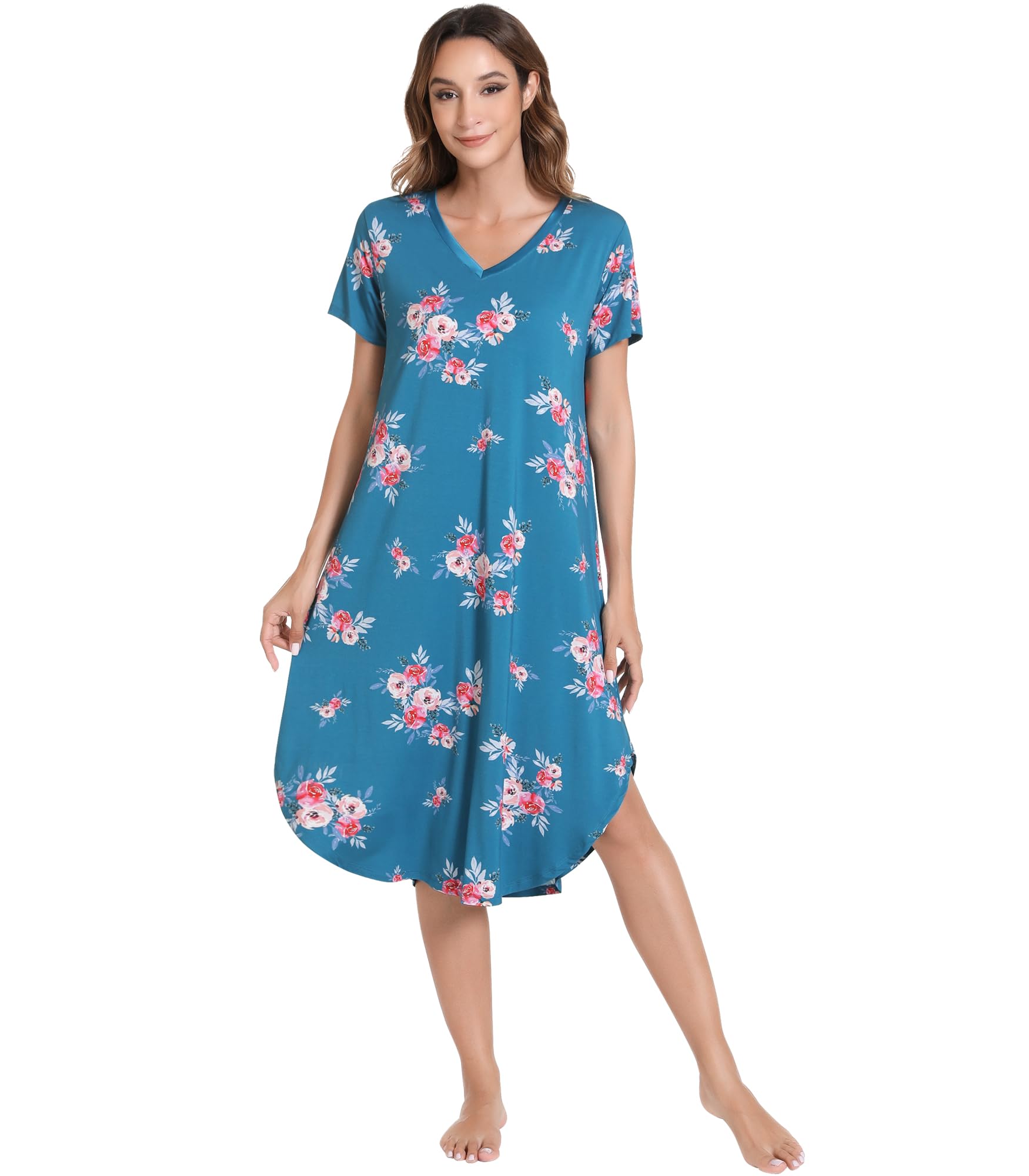 NACHILA Bamboo Viscose Nightgowns for Women Cooling Short Sleeve Sleepshirt | Soft V Neck Night Gowns, Moisture-Wicking Sleepwear for Hot Flashes &amp; Night Sweats, Ladies Nightshirts for Sleep, Home, Gift