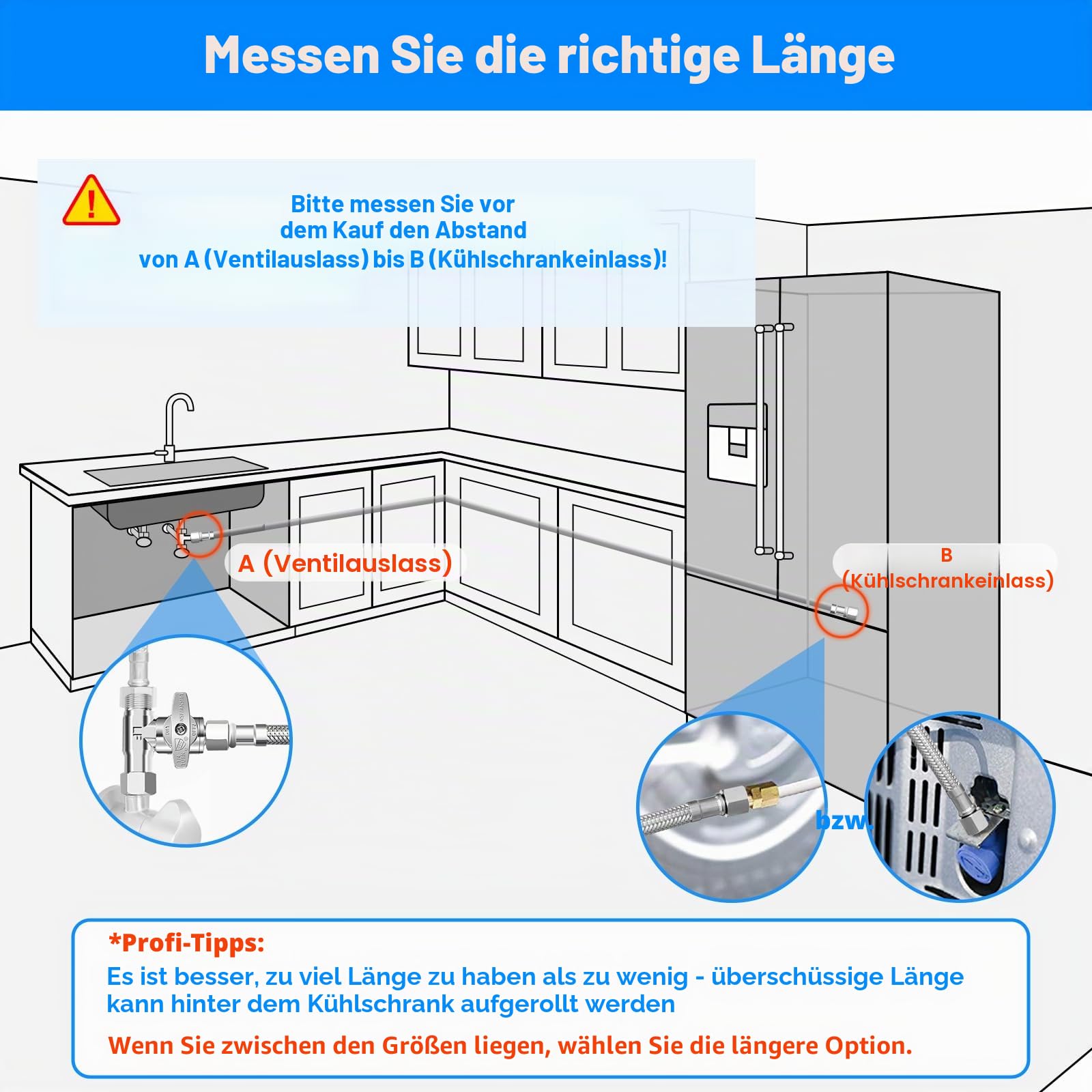 Kühlschrank-Wasserleitungs-Set, 9,2 m, Premium-Edelstahl-geflochtene Kühlschrank-Wasserleitung mit T-Abschlagventil, lebensmittelechter PEX-Innenschlauch, Eisbereiter, Wasserleitung mit 6,35 mm